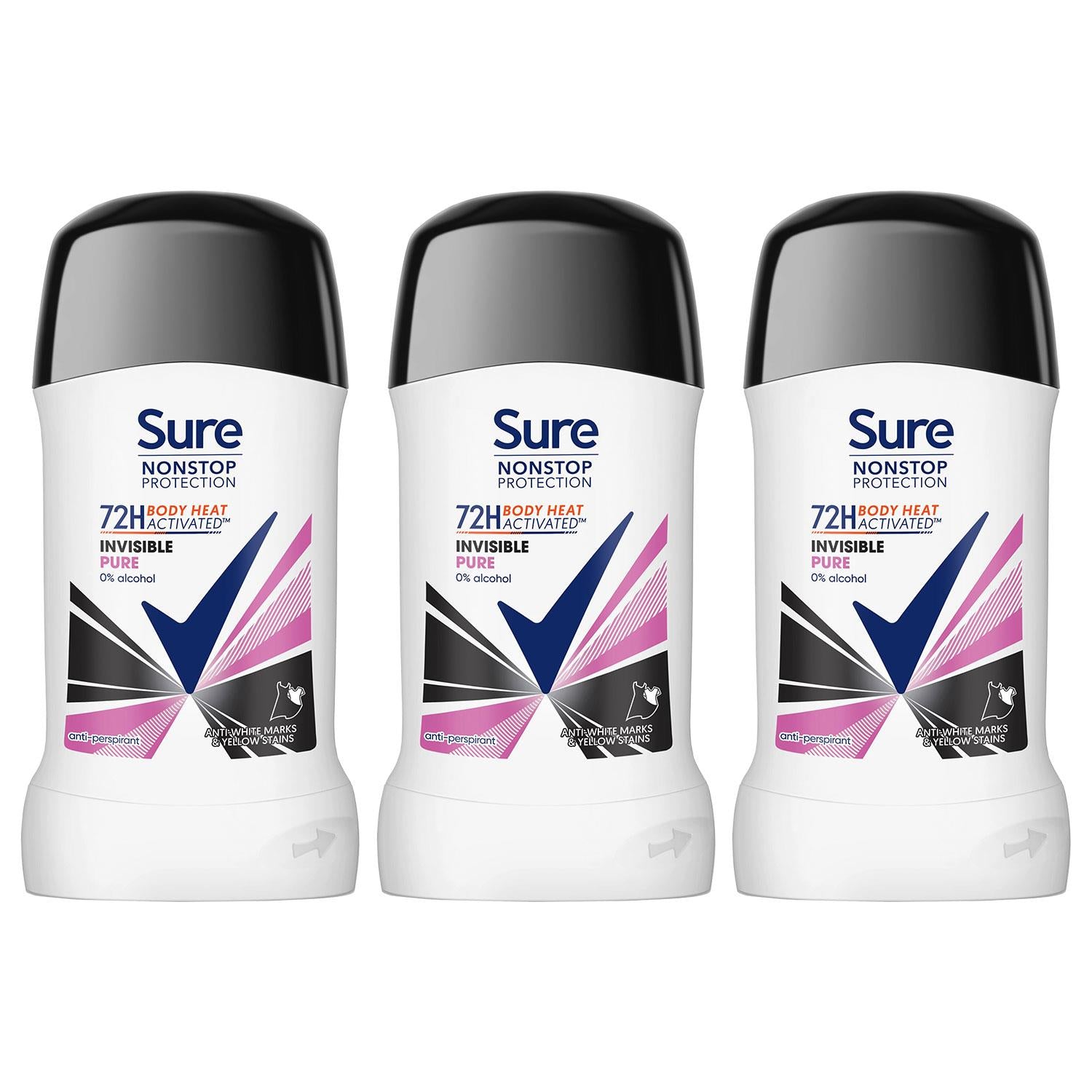 Women Invisible Pure Antiperspirant Stick 72h Nonstop Protection, 3pk, 50ml | 3