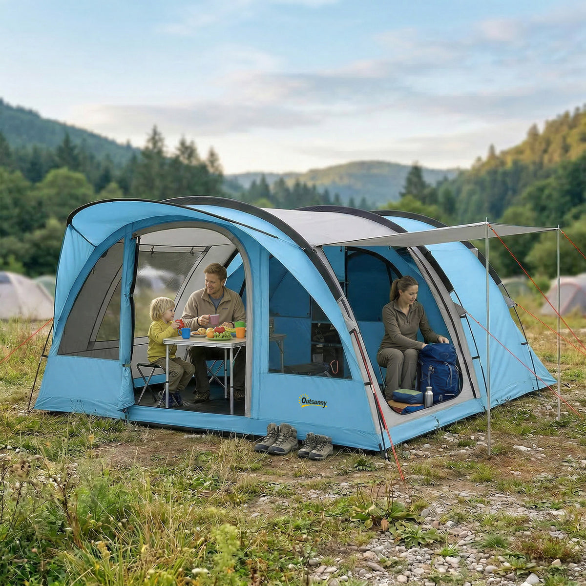Family Camping Tent Waterproof Tunnel Tent 4 Person | Sky Blue