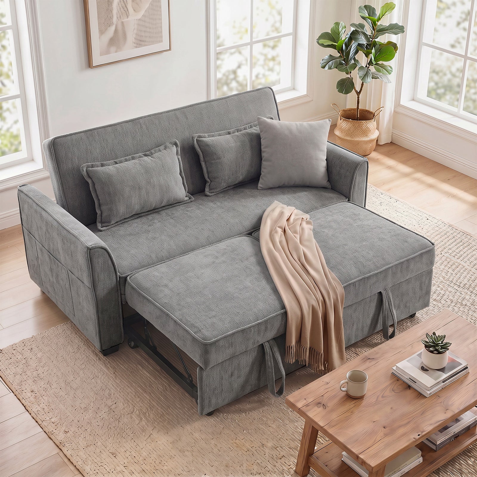 2 Seater Sofa Bed, 4-in-1 Convertible Pull Out Sleeper Sofa | Grey
