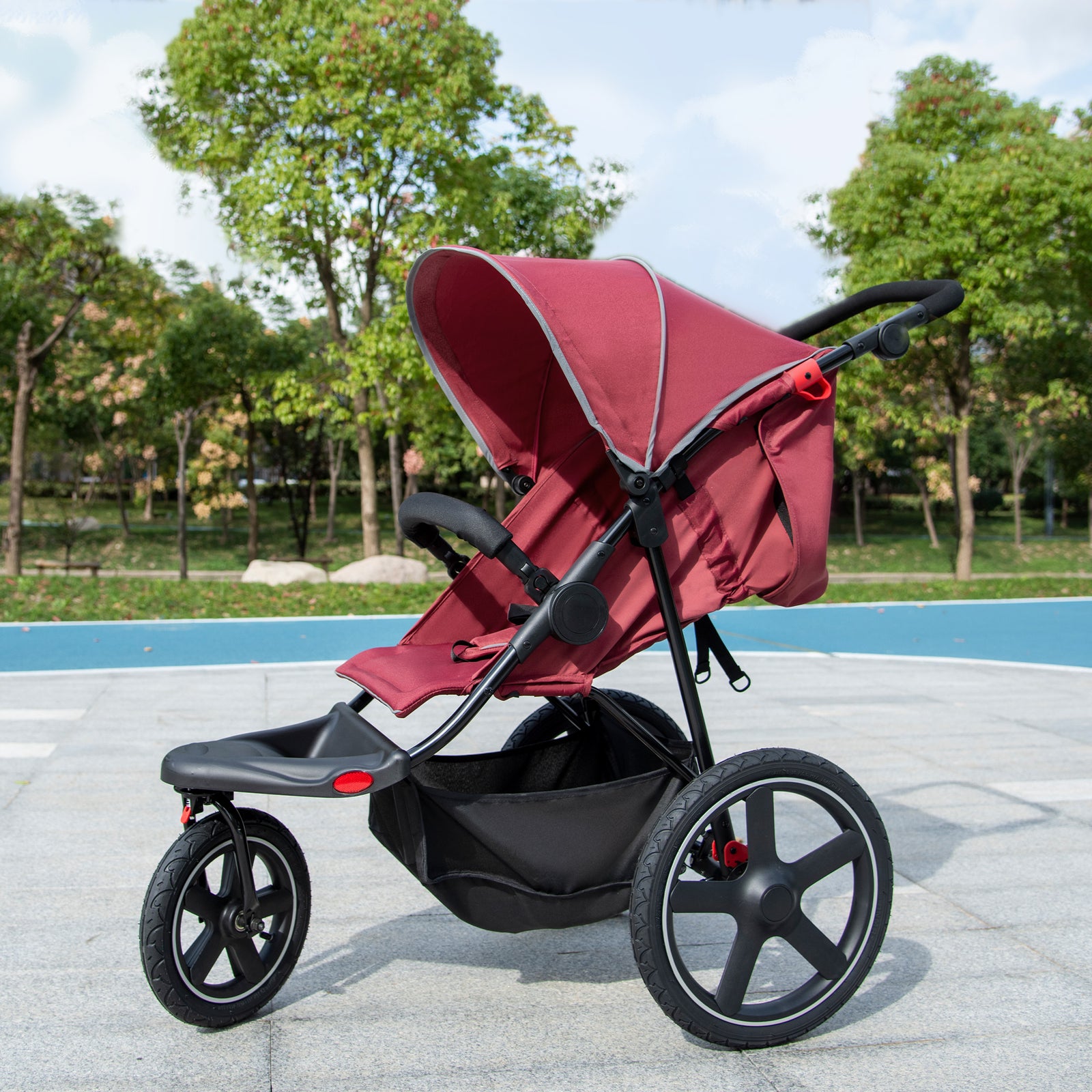 Foldable Three-wheeler Baby Stroller W/ Sun Canopy, Storage | Red