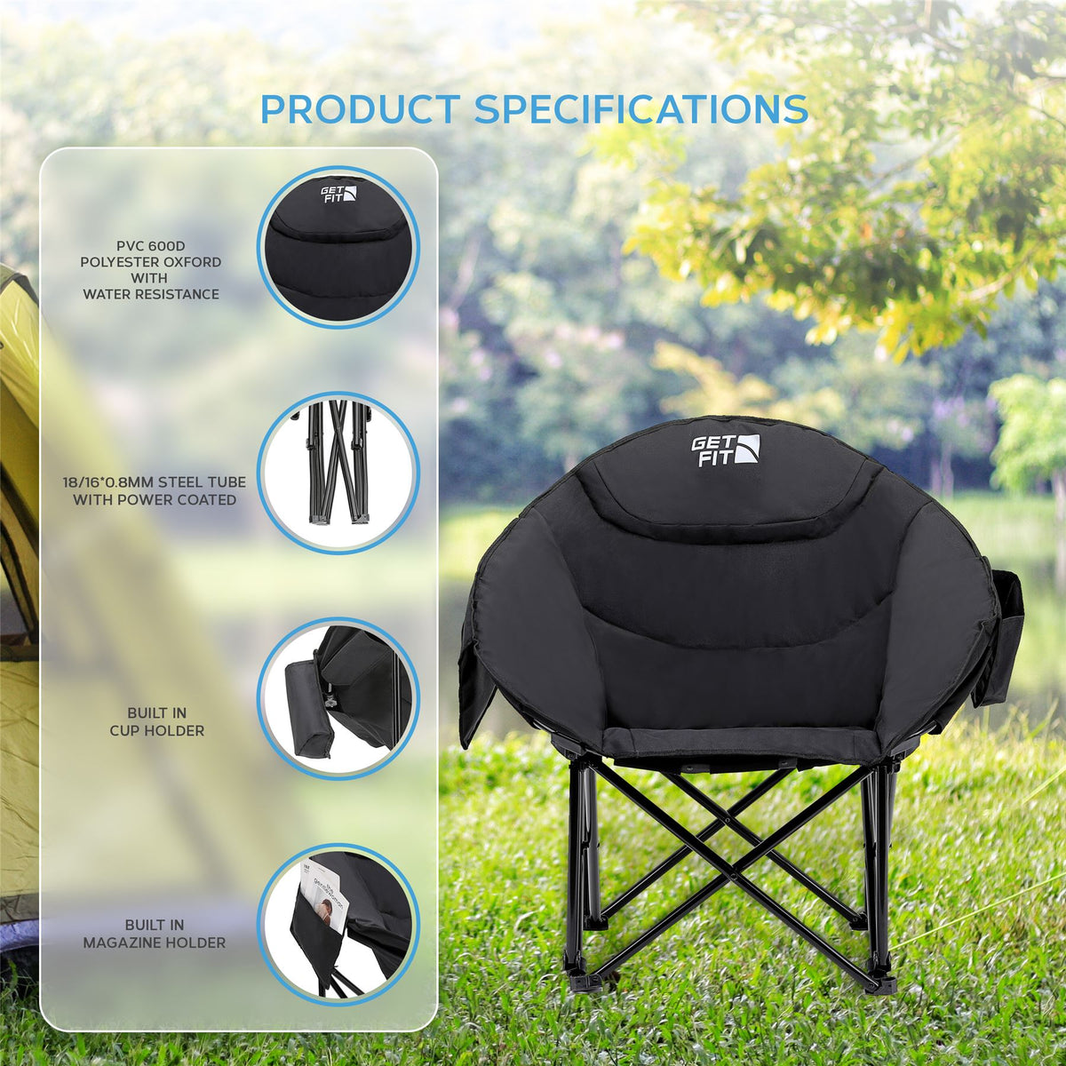 Moon Camping Chair - Portable Outdoor Premium Folding Chair For Adults With Magazine Pocket, Cup Holder & Carry Bag - Heavy Duty Foldable Chair | Single