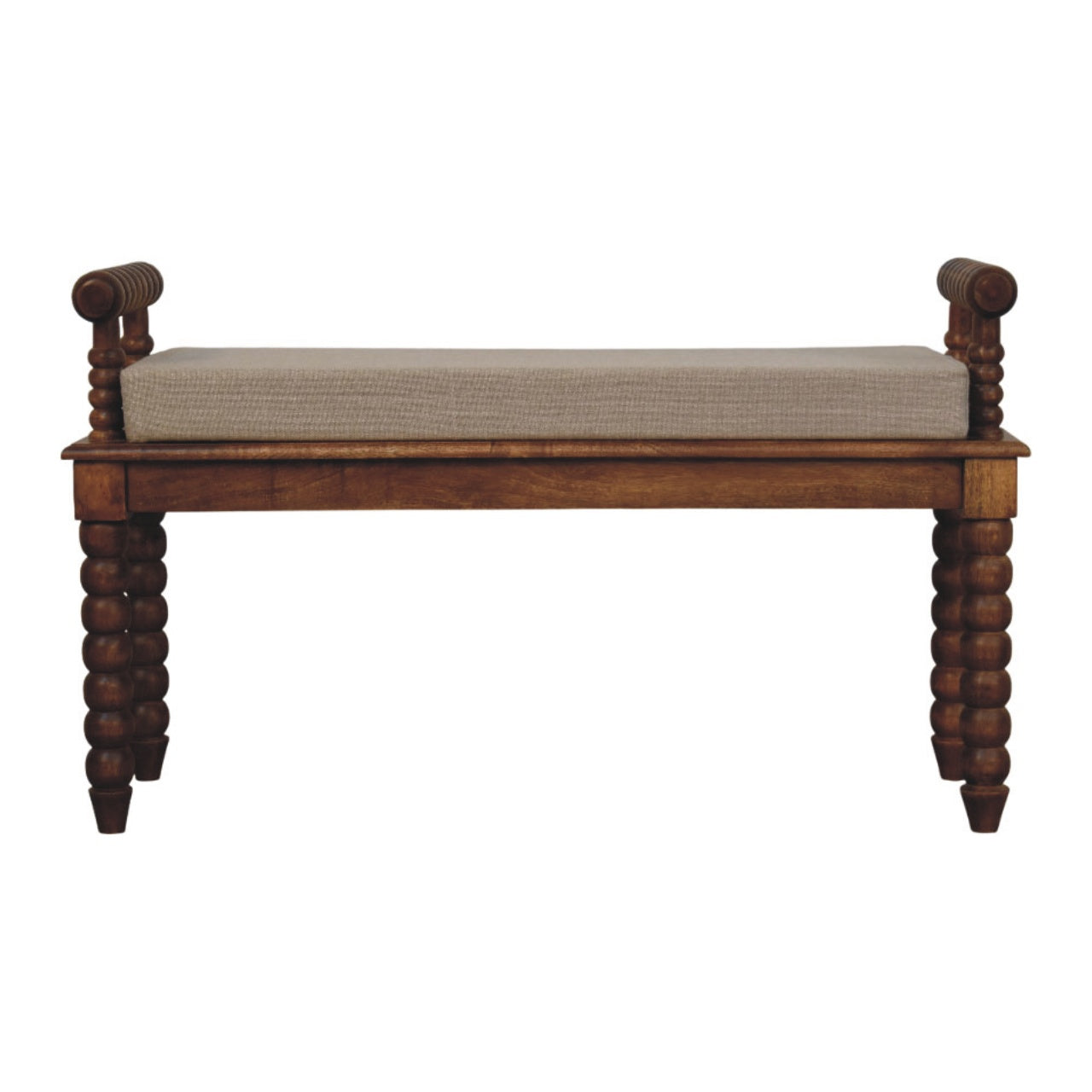 Artisan Furniture Solid Wood Spindle Amber Linen Bench, Upholstered