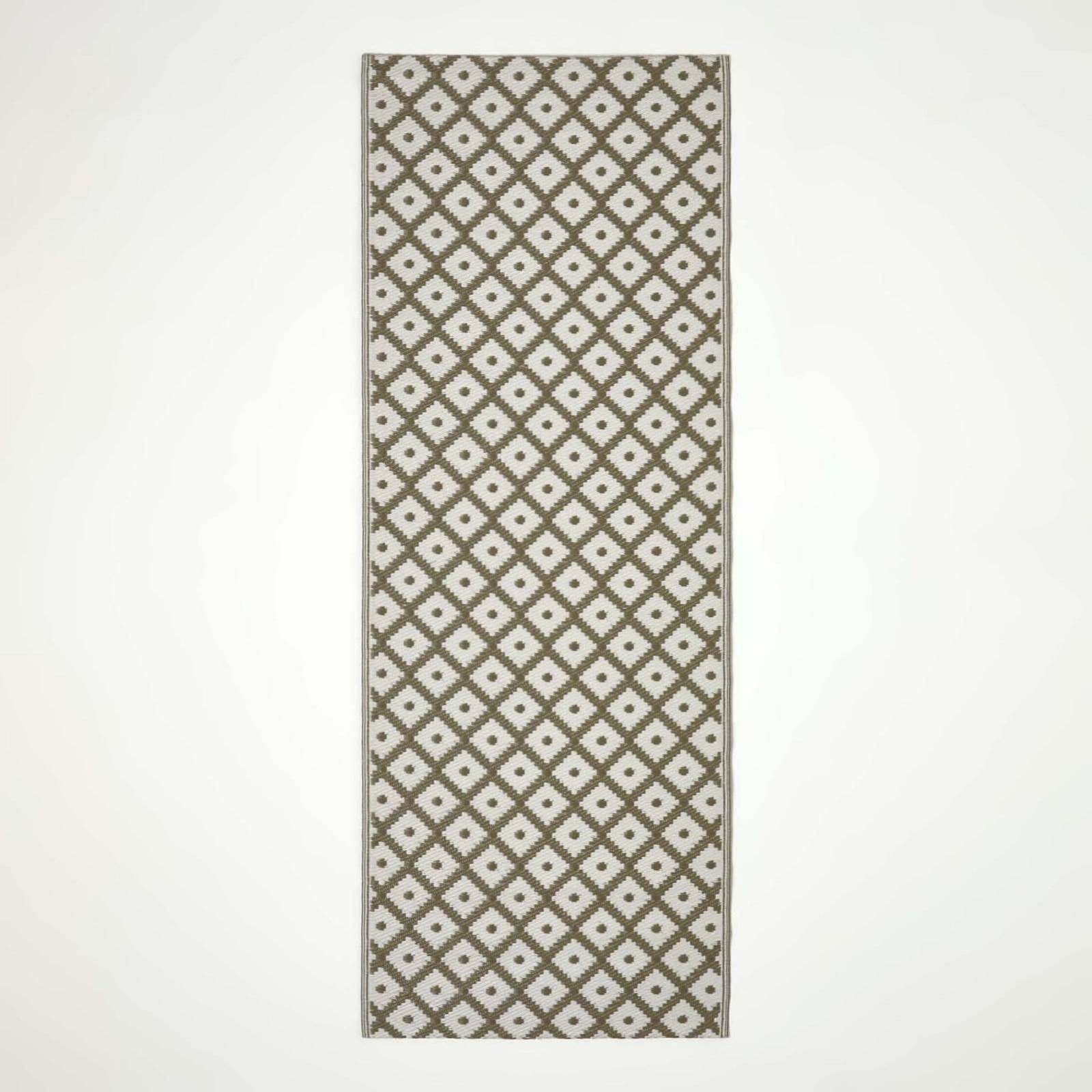 Luxury Outdoor Rug Waterproof Reversible For Garden Patio 100% Recycled, Green May Geometric | 75cm x 200cm | Olive