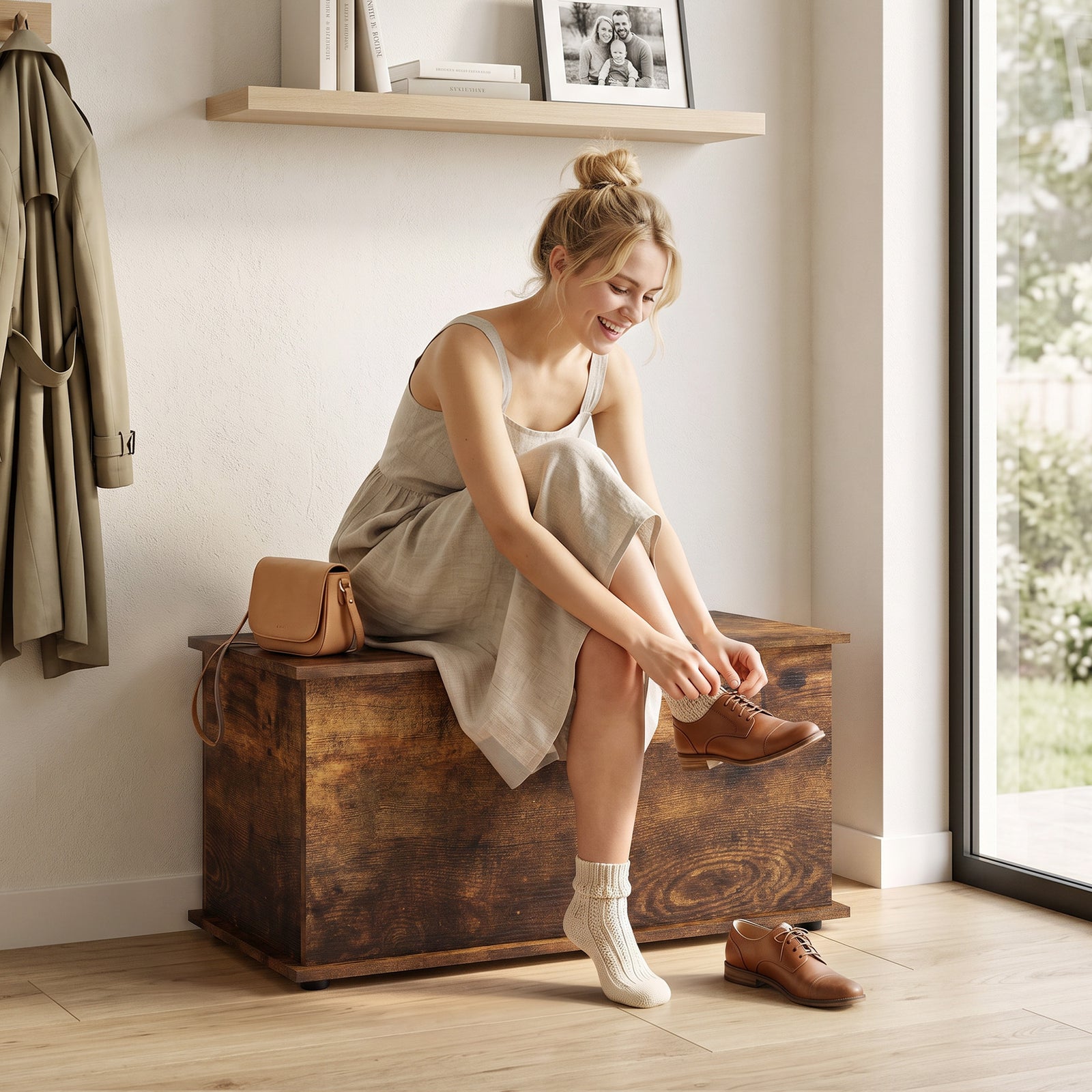 Storage Chest With Safety Hinged Lid, 102l Storage Box | Rustic Brown