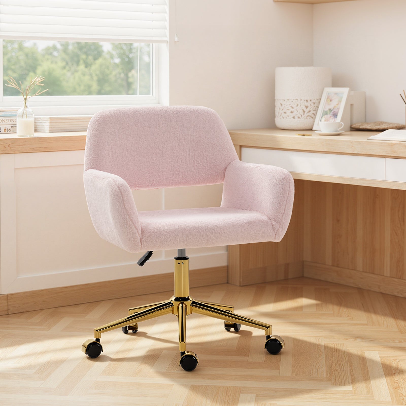 Swivel Office Chair, Vanity Desk Chair With Adjustable Height, Wheels | Pink