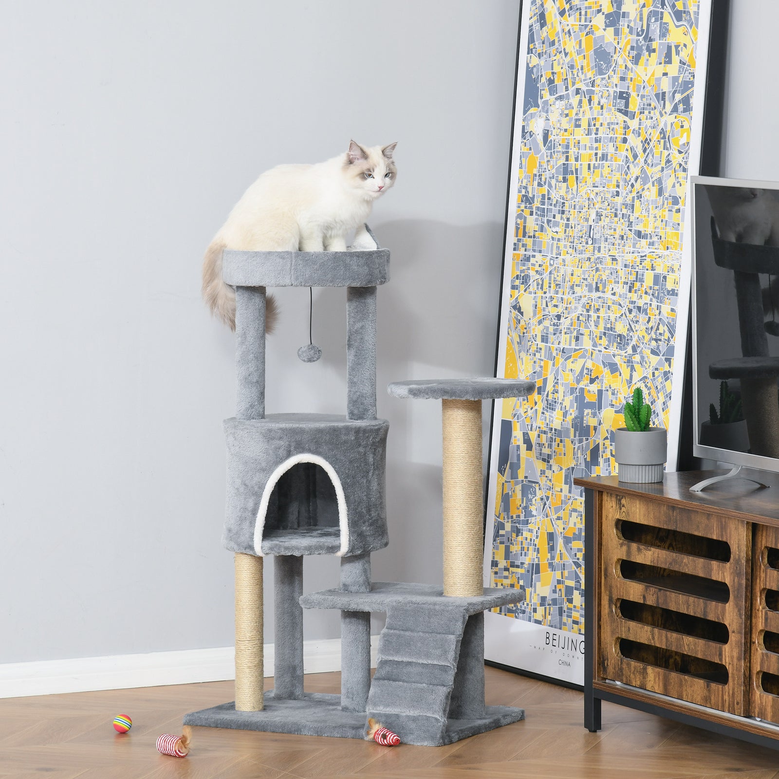 100cm Cat Tree With Climbing Ladder Scratching Post Ball, Light Grey