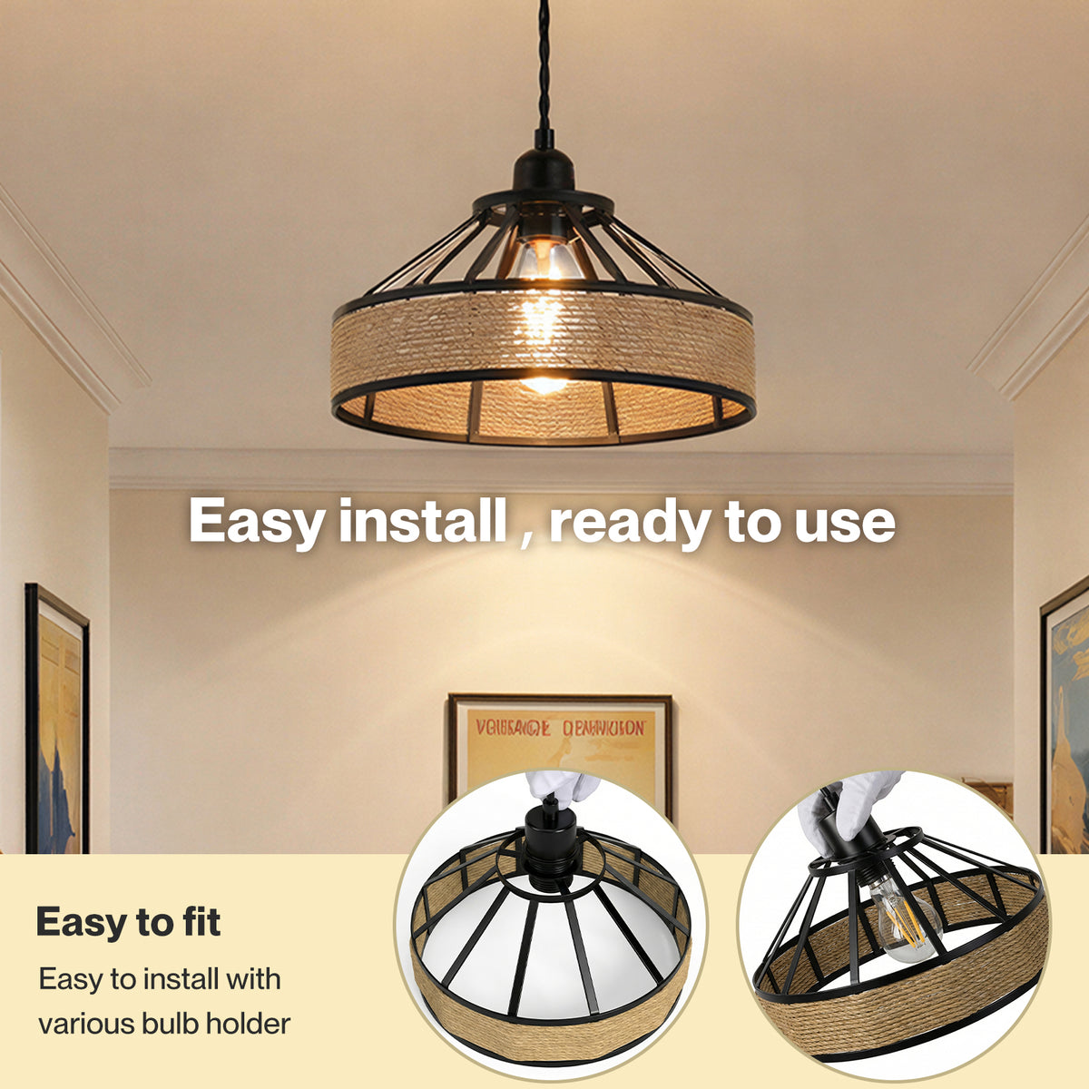 Emitto Modern Ceiling Pendant Light Shade Industrial Hemp Rope Lamp Shade