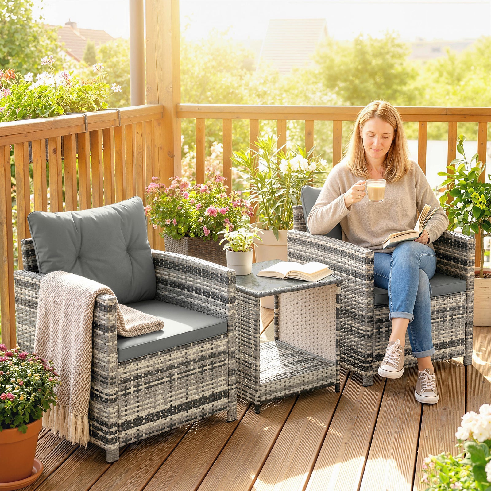 Rattan Garden Furniture Bistro Set With Cushion | Mixed Grey