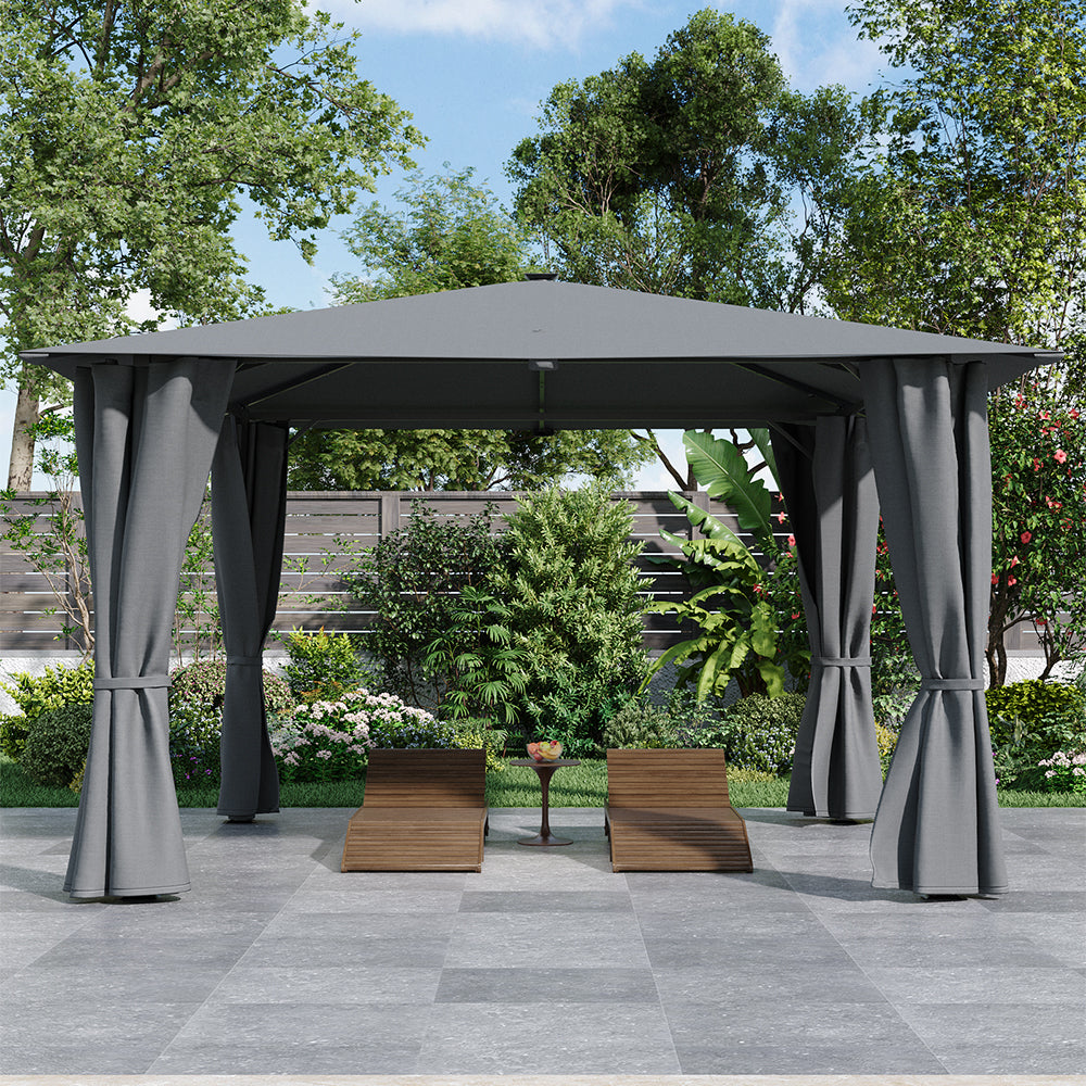 4m X 4m Outdoor Metal Gazebo With Pa-coated Canopy, Side Curtains & Solar Led Lights With Remote Patio Shelter | Dark Grey