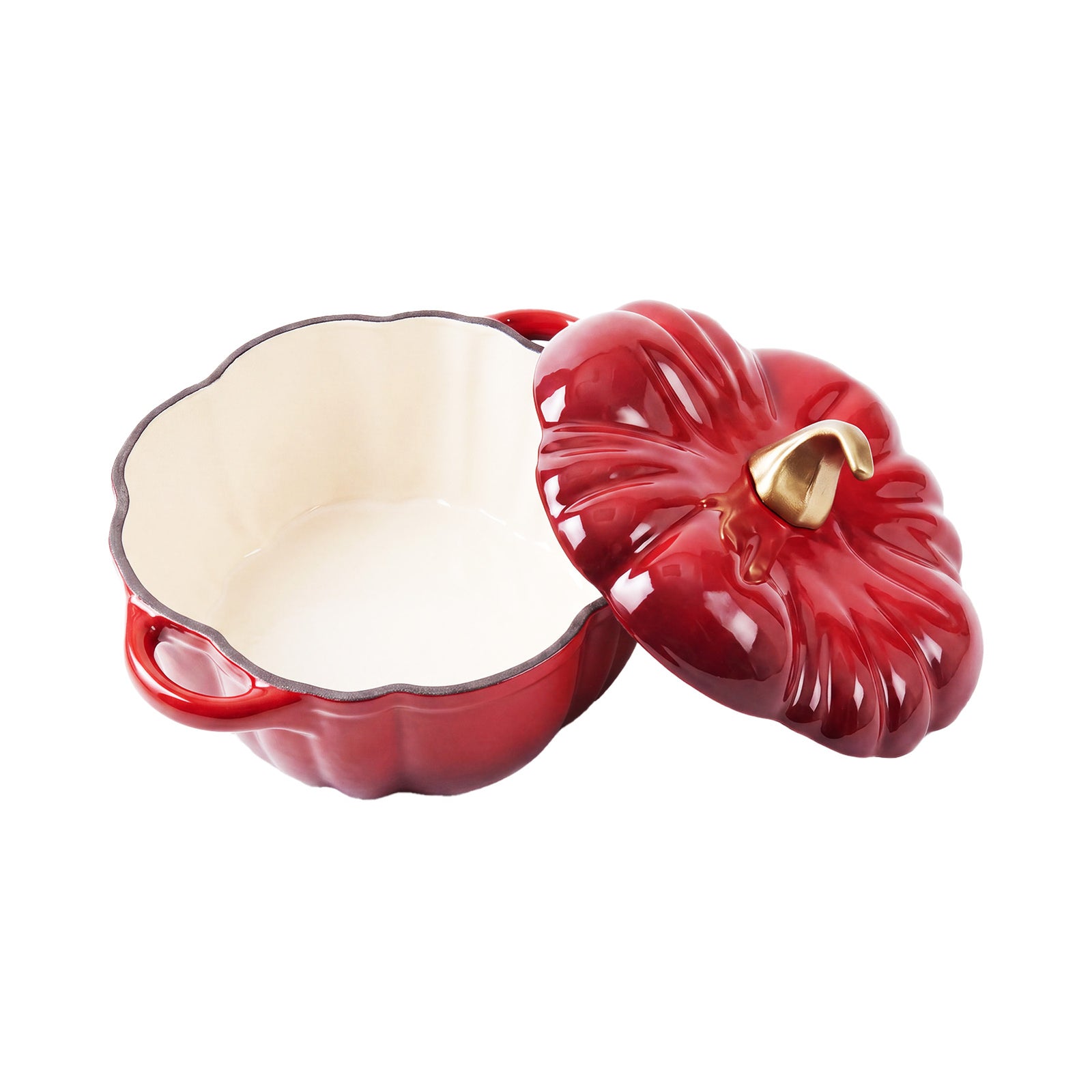 Enamelled Cast Iron Pumpkin Dutch Oven With Lid And Handles | Red