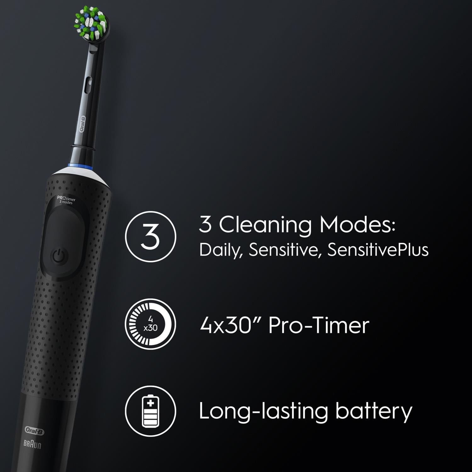 Vitality Pro Electric Rechargeable Toothbrush With 2 Brush Heads, Black