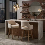 Set Of 2 Swivel Chenille Upholstered Bar Stools With Wooden Legs | Beige