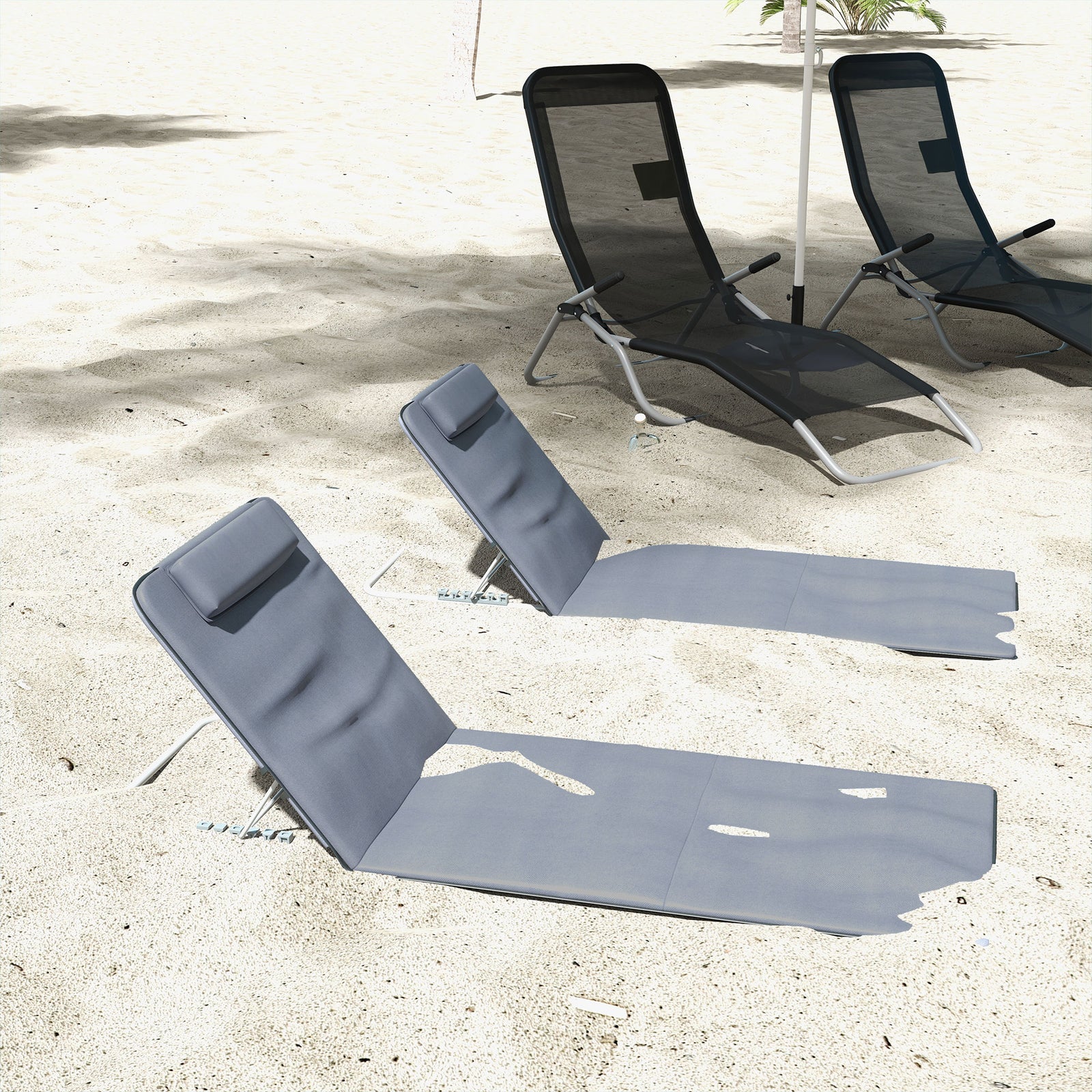 2pc Outdoor Beach Mat Steel Reclining Chair Set W/ Pillow | Gray