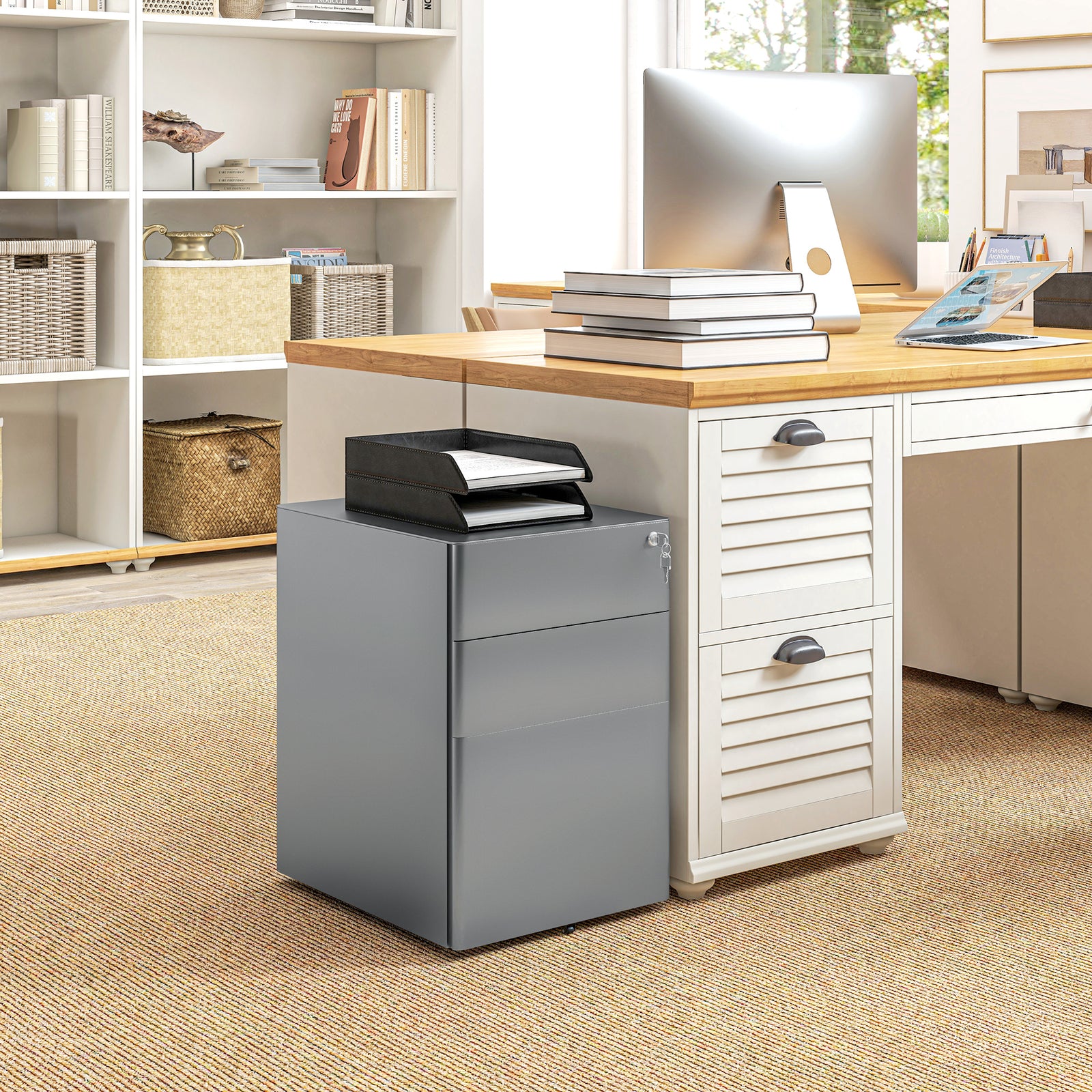 3 Drawer Metal Filing Cabinet Lockable 5 Wheels | One Size | Gray