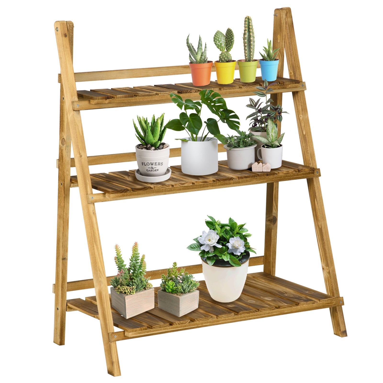 Flower Stand Plant Display Rack 3-tier Foldable Wood Garden | Large | Brown