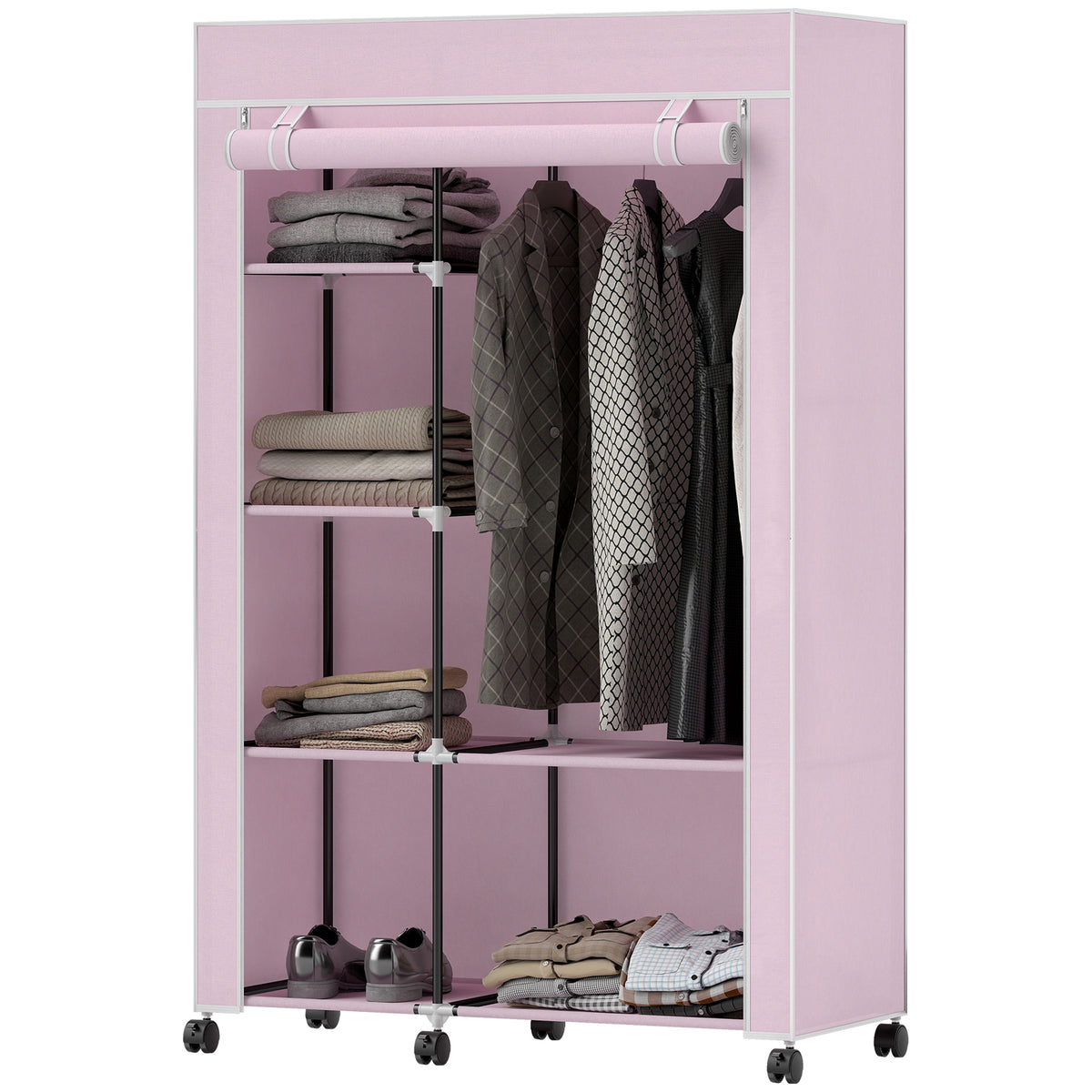 HOMCOM Fabric Wardrobe W/ Shelves Hanging Rail Foldable Wardrobes, Pink