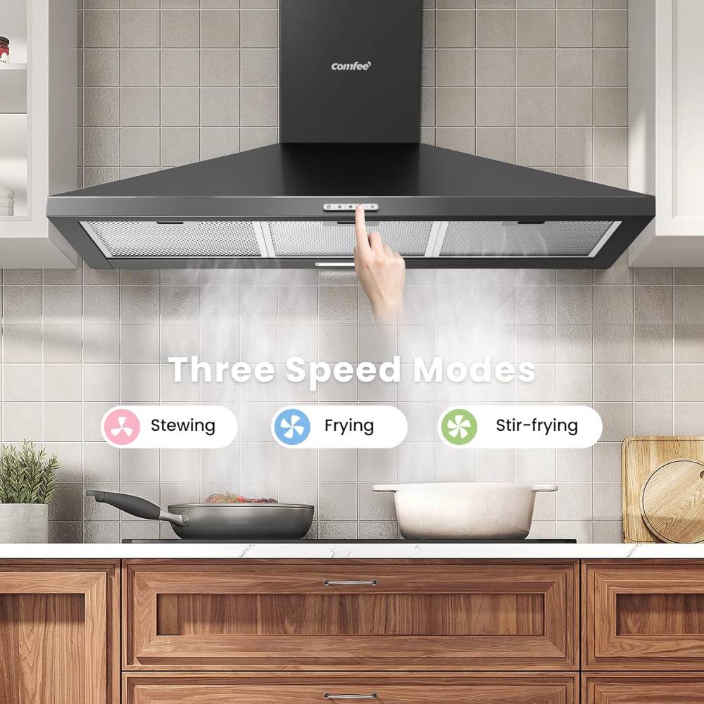 Black 90cm Wall-mounted 3-speed Chimney Range Hood Cooker Extractor