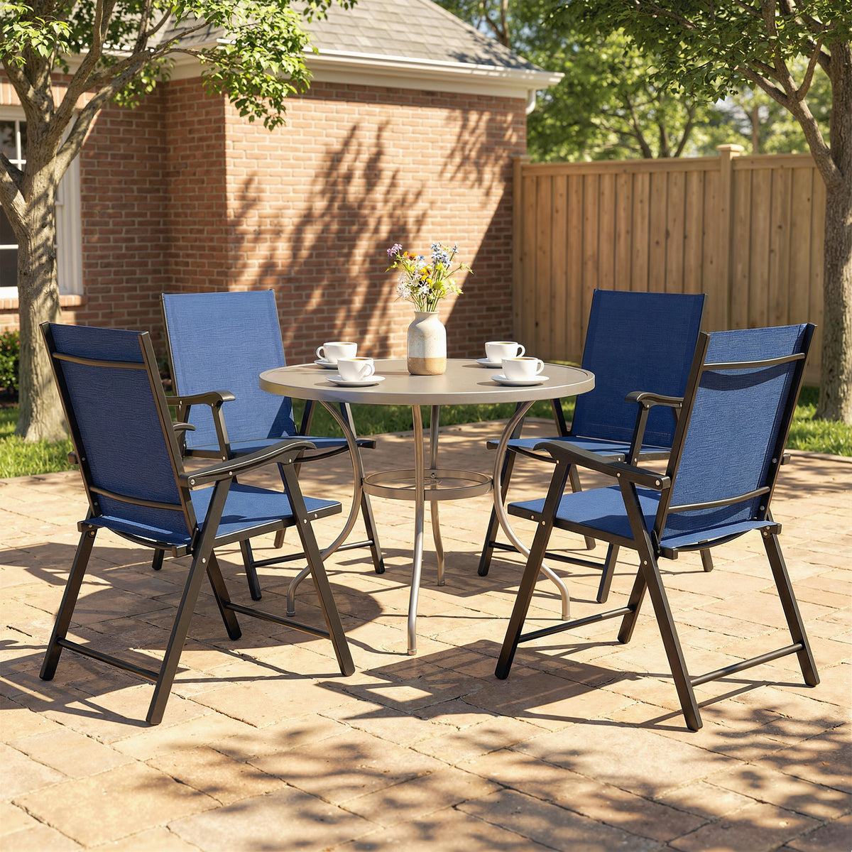 Folding Garden Chairs Set With High Back, Armrests | Set of 4 | Blue