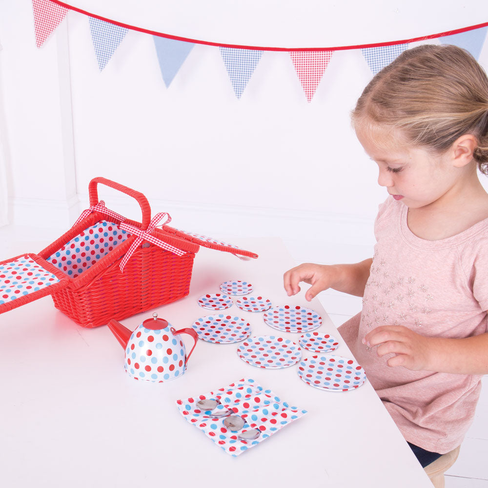 Red Wicker Basket And Tea Set, Pretend Play, Role Play Toys