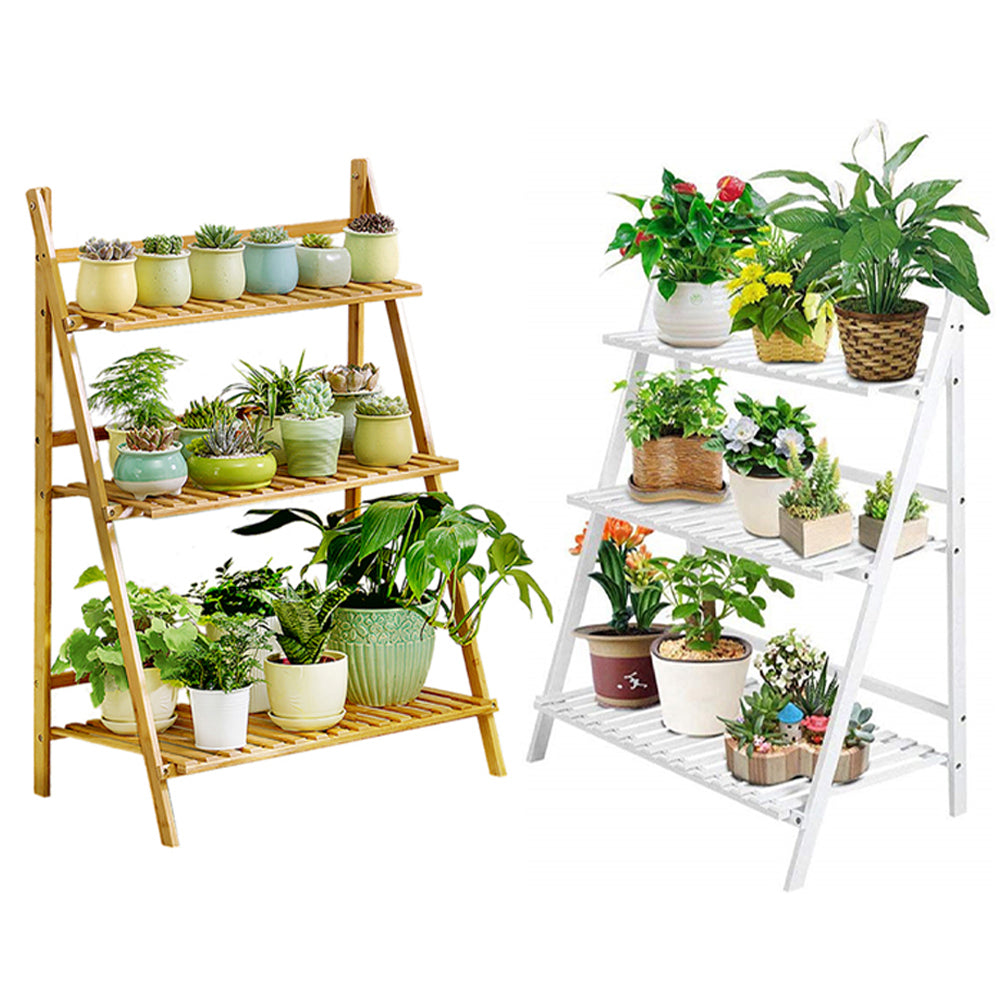 3 Tier Foldable Wooden Plant Stand Garden & Balcony Flower Shelf 96cm Multipurpose Plant Display Rack | White