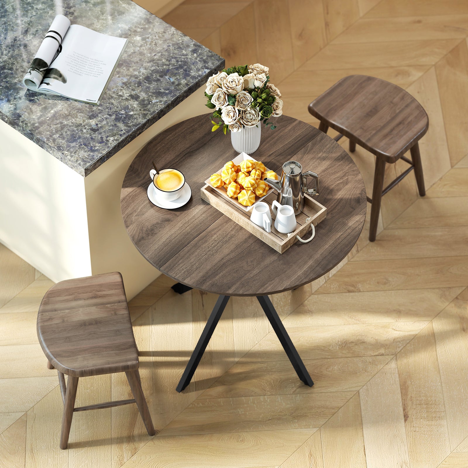 80cm Round Dining Table, Industrial Kitchen Table With Steel Legs | Brown