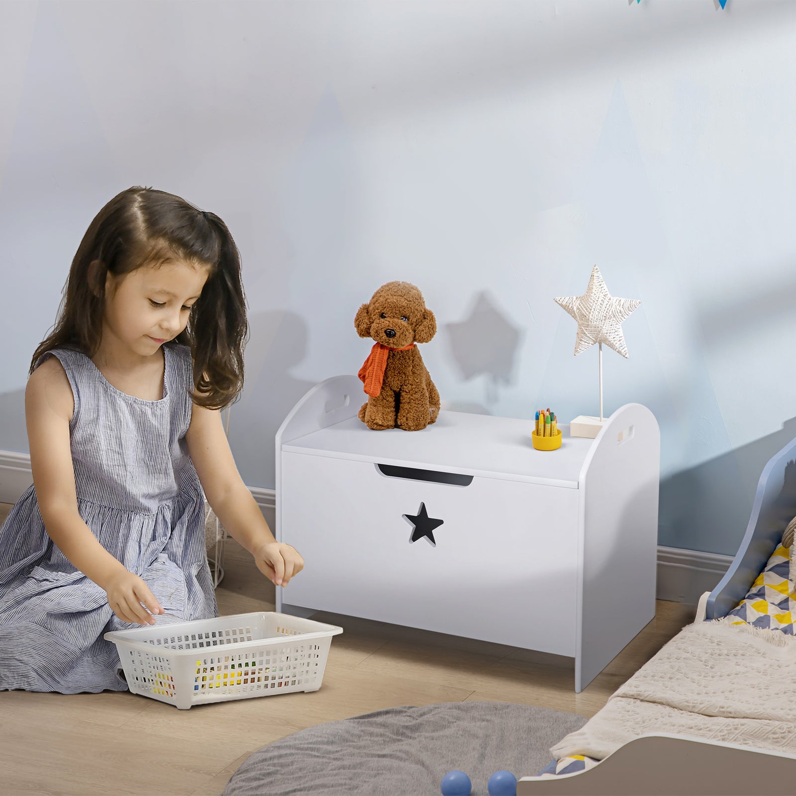 Kids Wooden Toy Children Box Storage Organizer Side Handle White