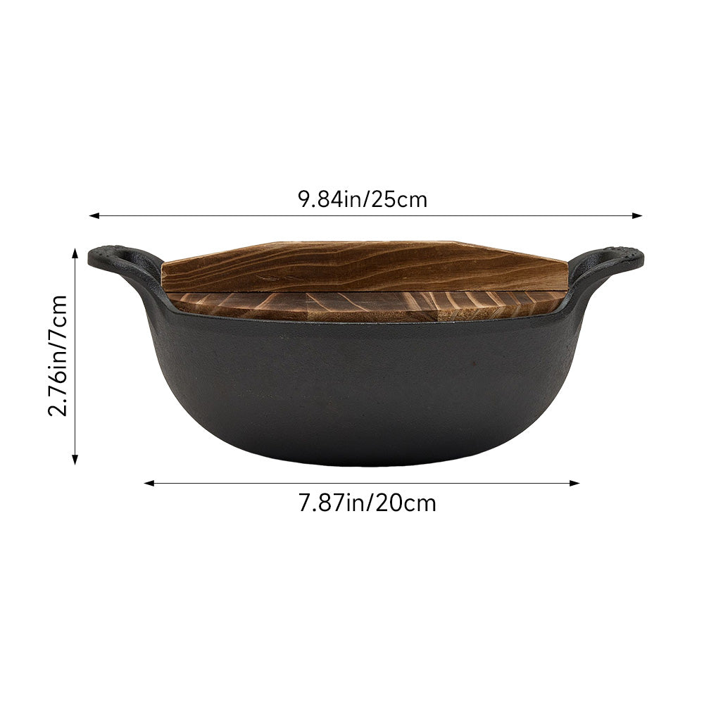 20cm/25cm Dia Cast Iron Wok With Dual Handles And Wooden Lid | Small