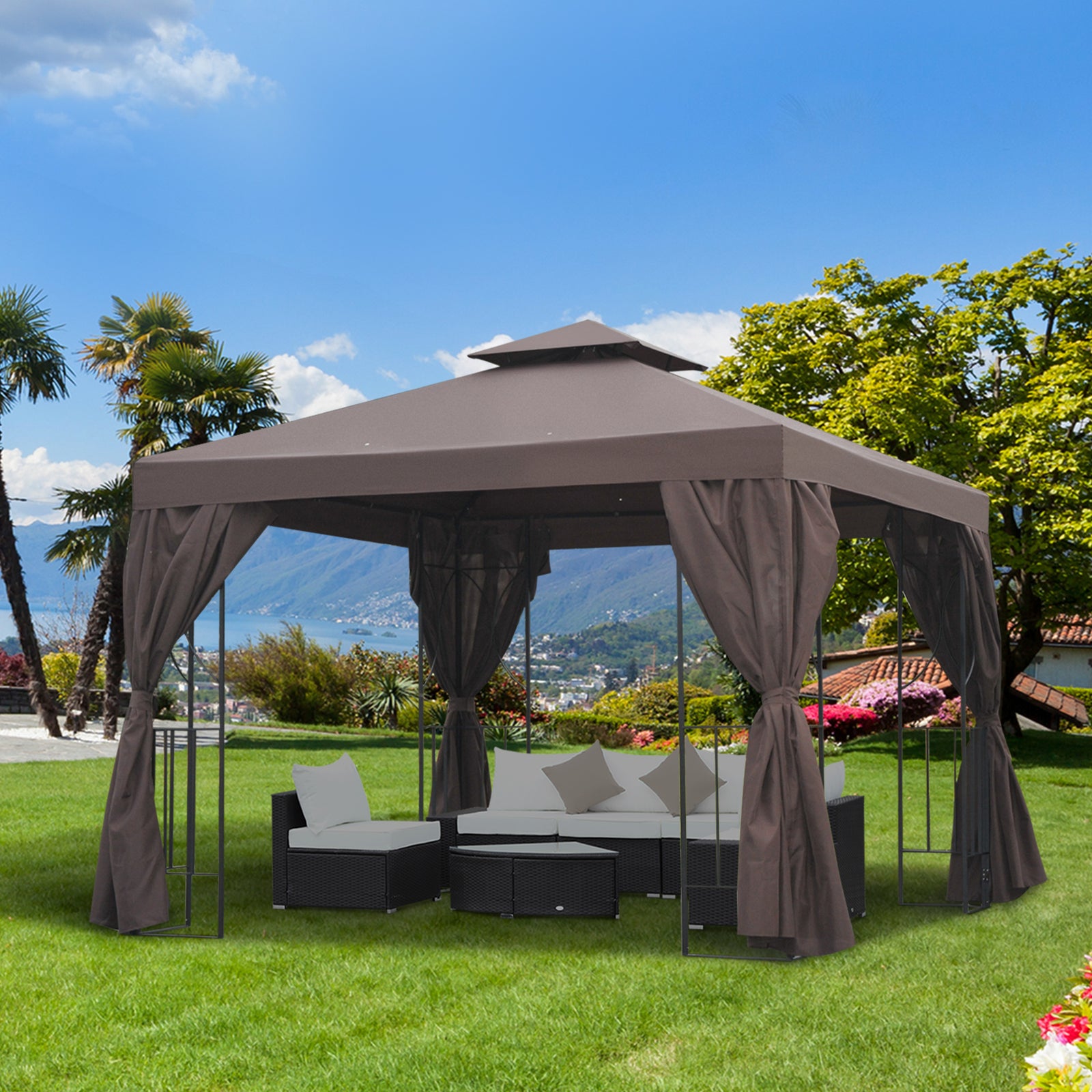 Garden Metal Gazebo Sun Shade Shelter Outdoor Party Tent | Brown