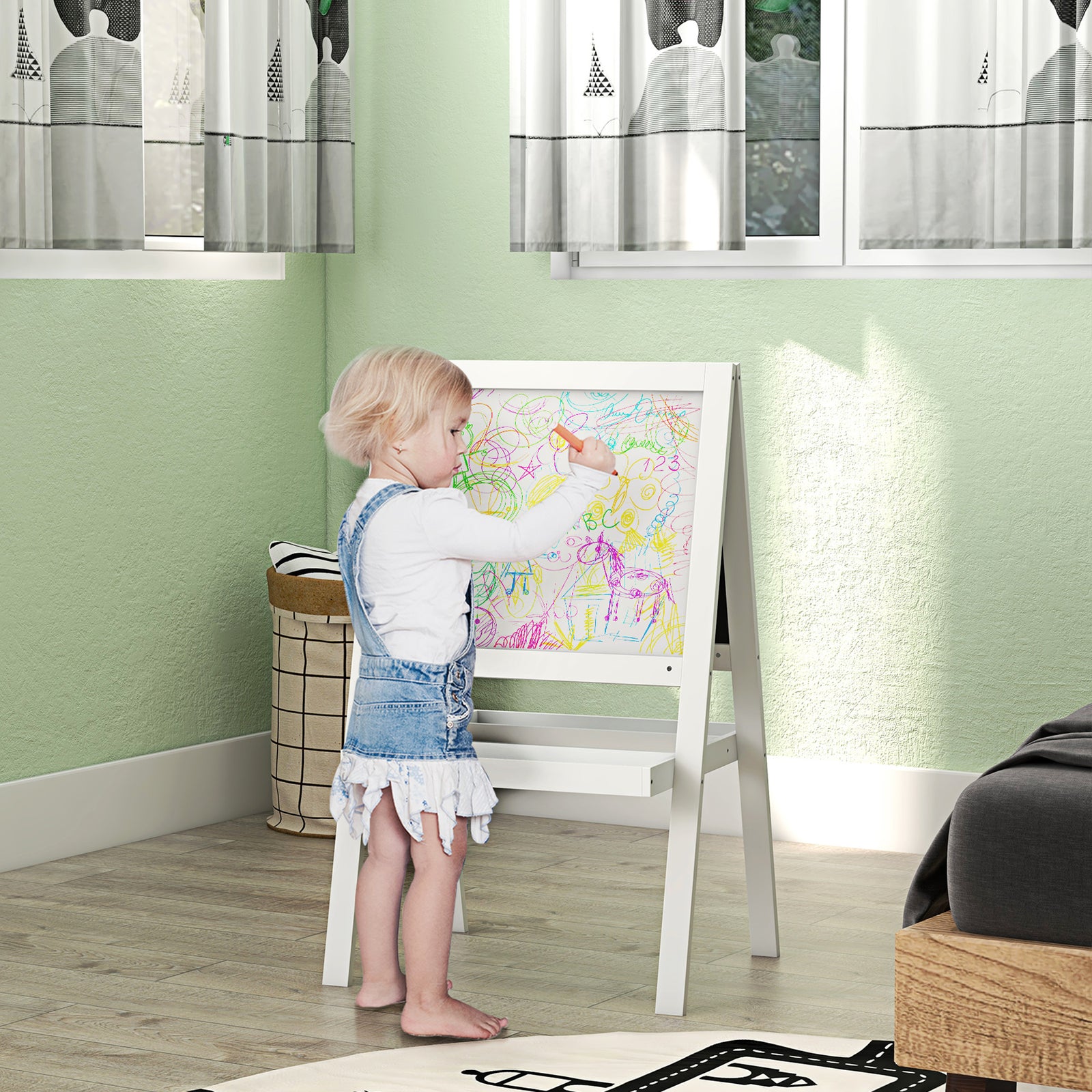 2-in-1 Double-sided Easel For Kids, With Storage Shelf- Blue