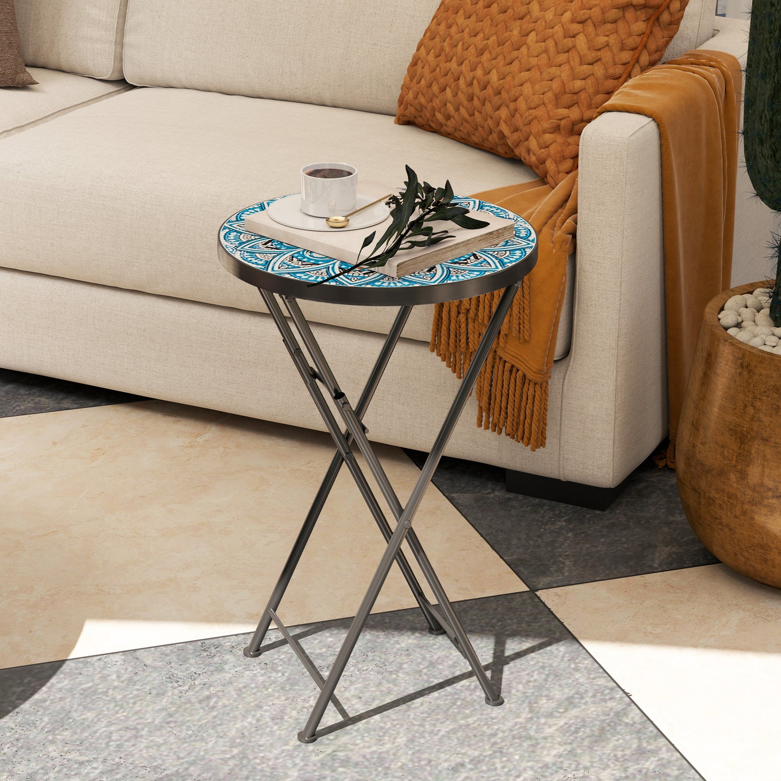 Mosaic Garden Table, 35.5cm Folding Coffee Table | Blue