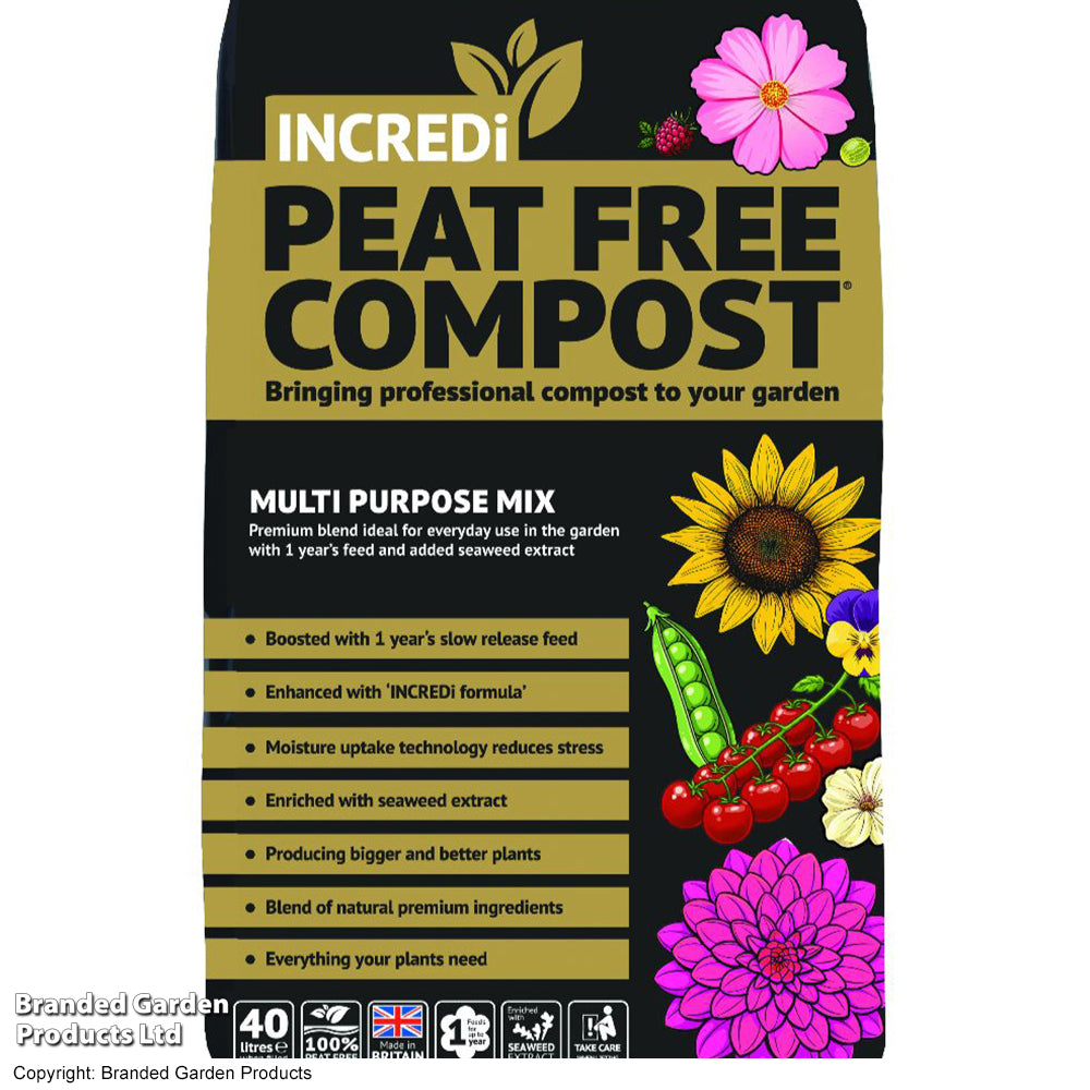Thompson & Morgan Incredi Peatfree Premium Multi-purpose Compost - 2 X 20 Litre Bags + 2 X 60g Incredibloom Sachets