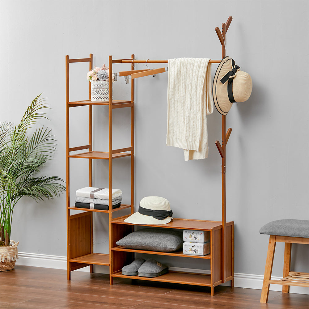 Bamboo Freestanding Clothes Rack Garment Organizer With Storage Shelves For Closet Or Bedroom | Small | Brown