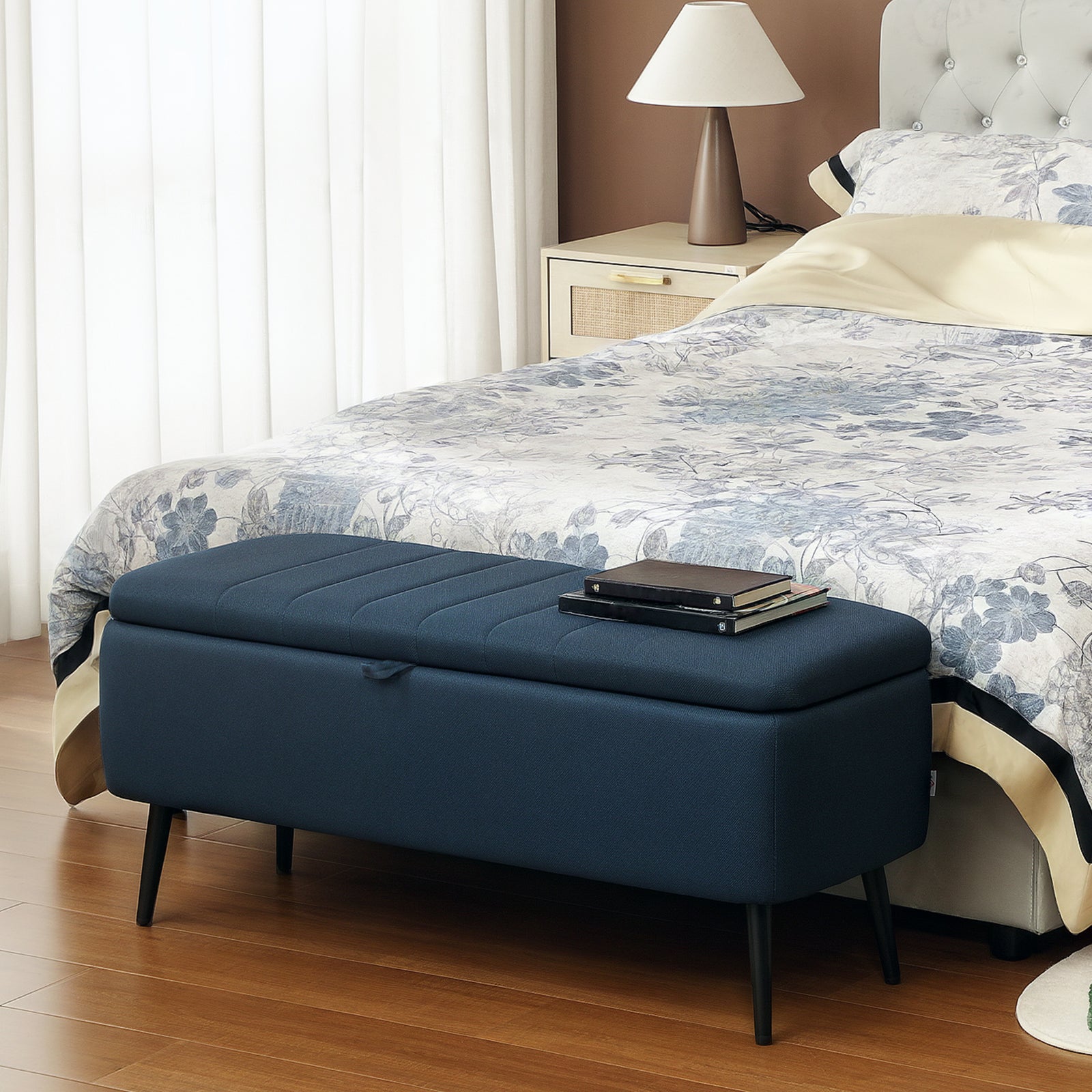 Storage Ottoman Bench, Linen Fabric Footstool With Steel Legs | Blue