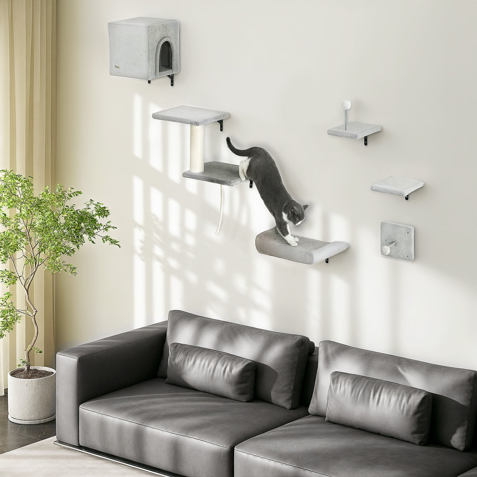 6-piece Cat Wall Shelves Set, Cat Wall Furniture With Condo, Grey