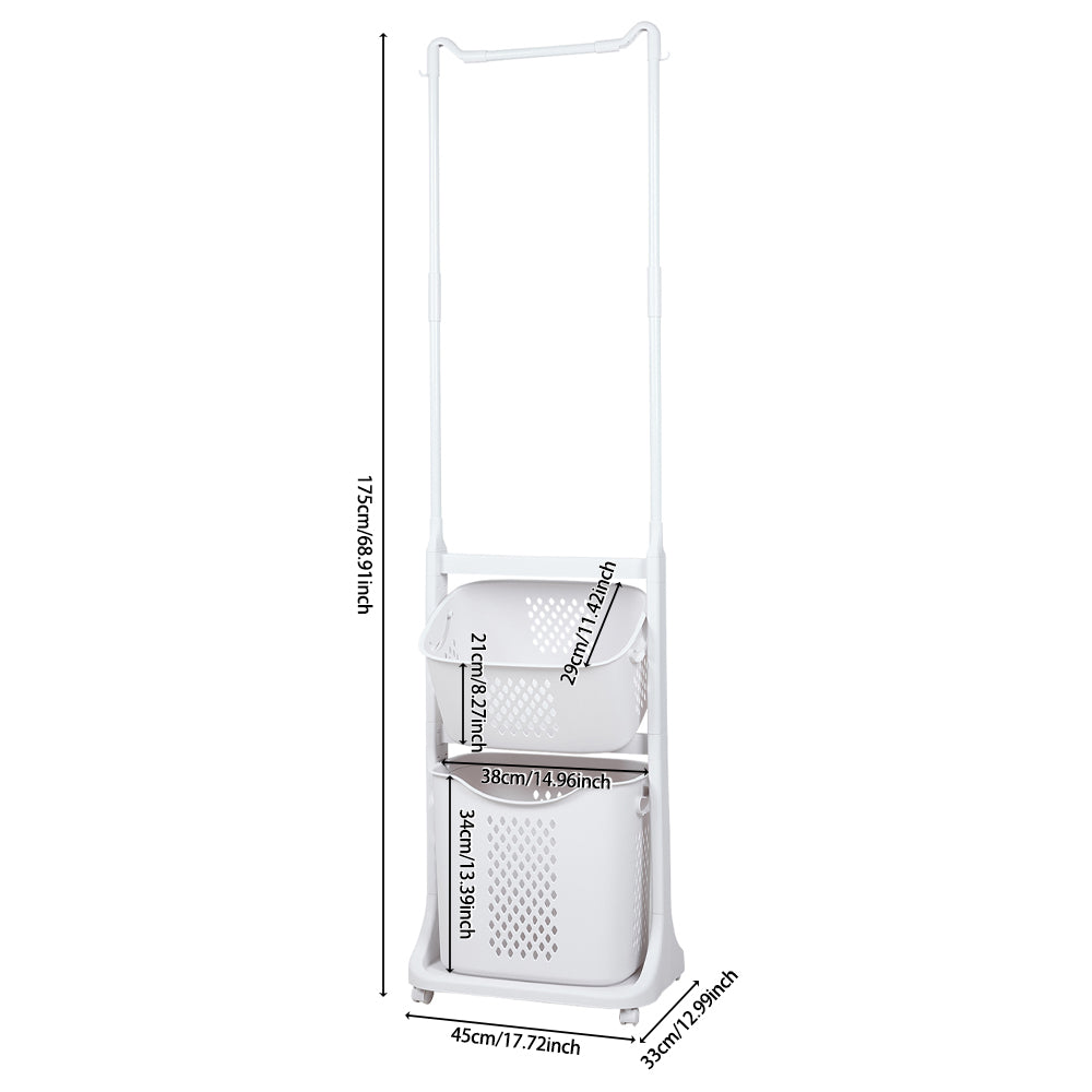 Living and Home 2-tier Plastic Rolling Laundry Baskets With Hanging Rack