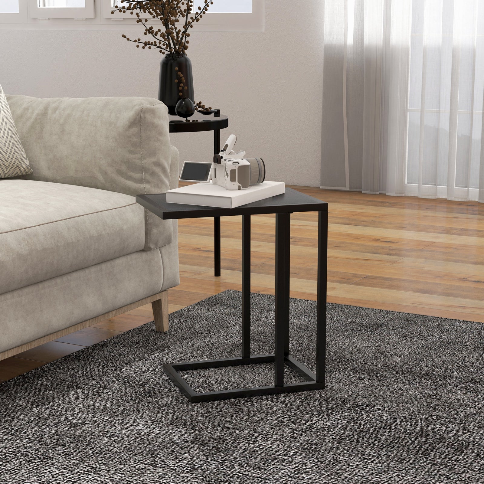 C Shape Side Table W/ Wood-effect Top | Jet Black