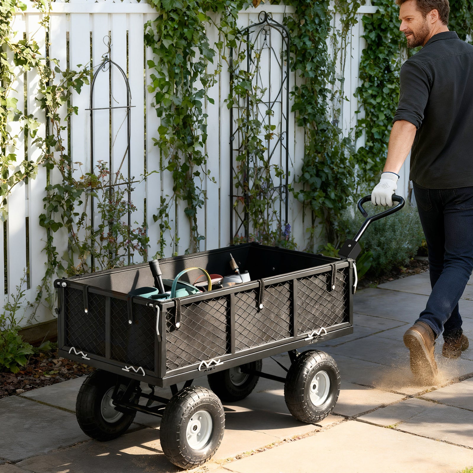 Garden Cart With Removable Liner, Quick-release Sides | Black