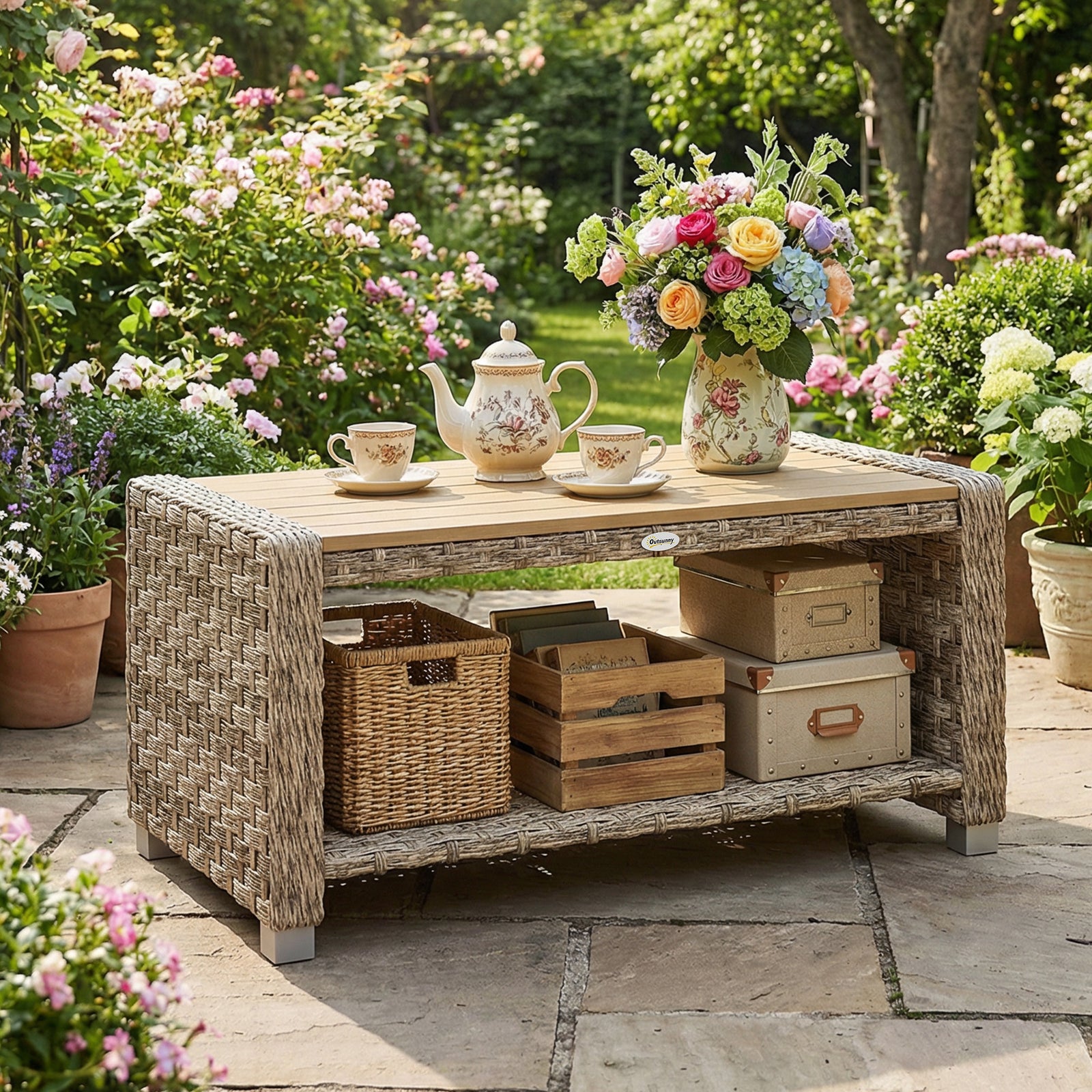 Outdoor Coffee Table With Storage Shelf And Slatted Top | Brown
