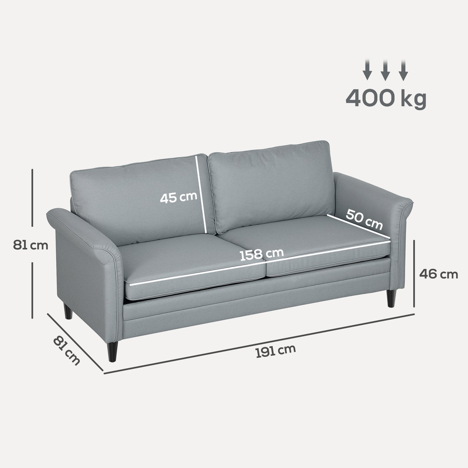 Modern 3 Seater Sofa For Living Room, Fabric Couch Settee | Grey