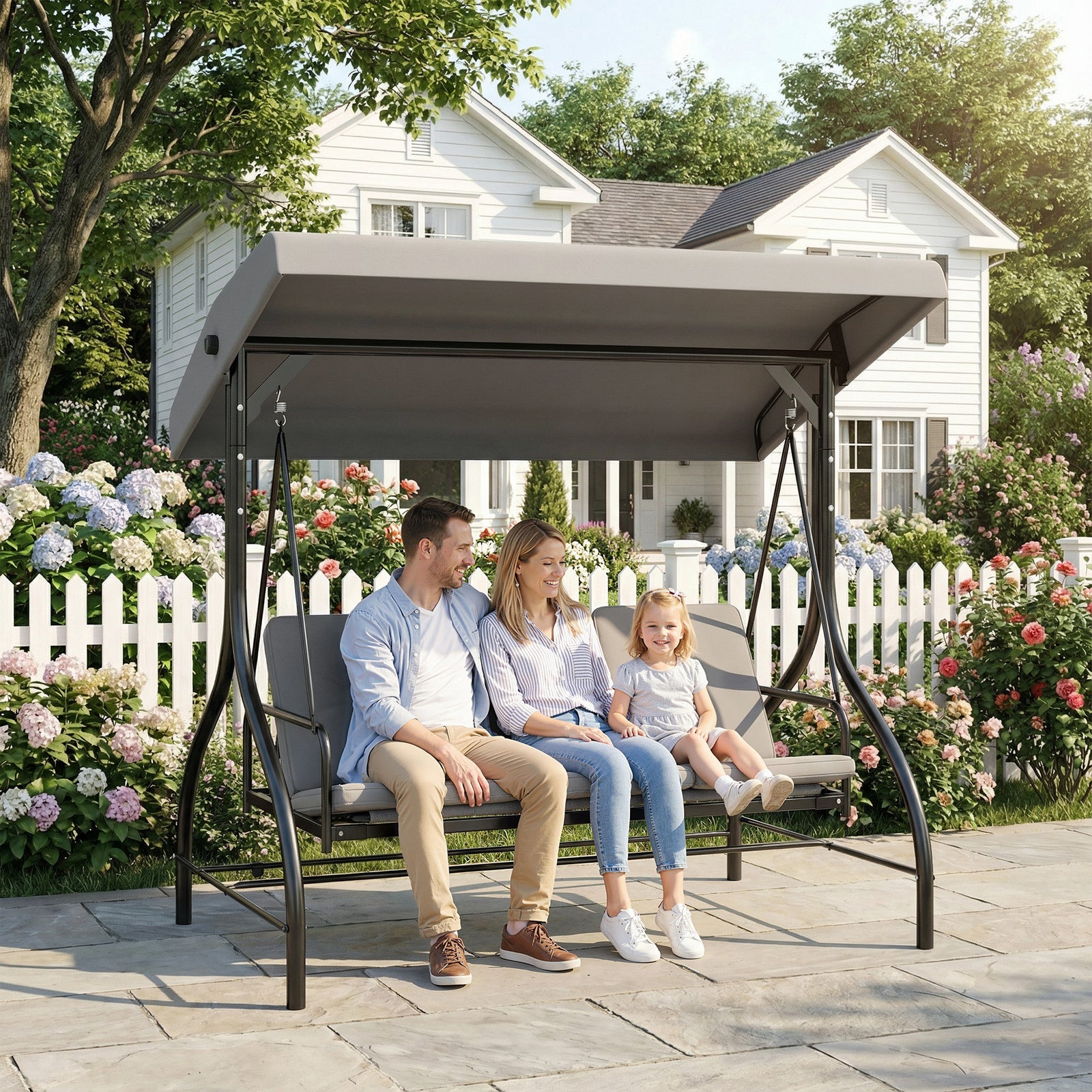 3 Seater Canopy Swing Chair Porch Hammock Bed | Light Grey