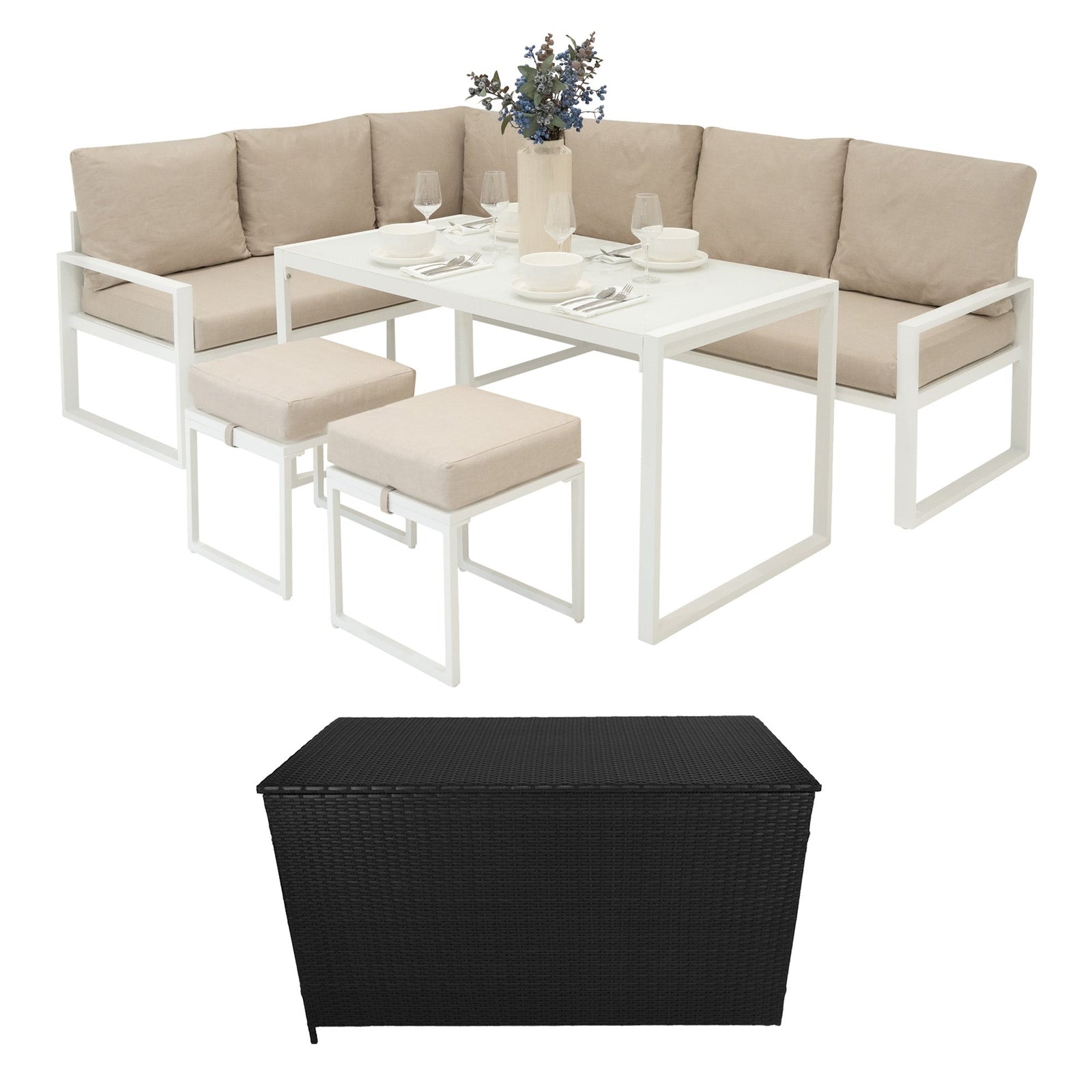 Aluminium Corner Sofa Set With Rattan Storage Box | White