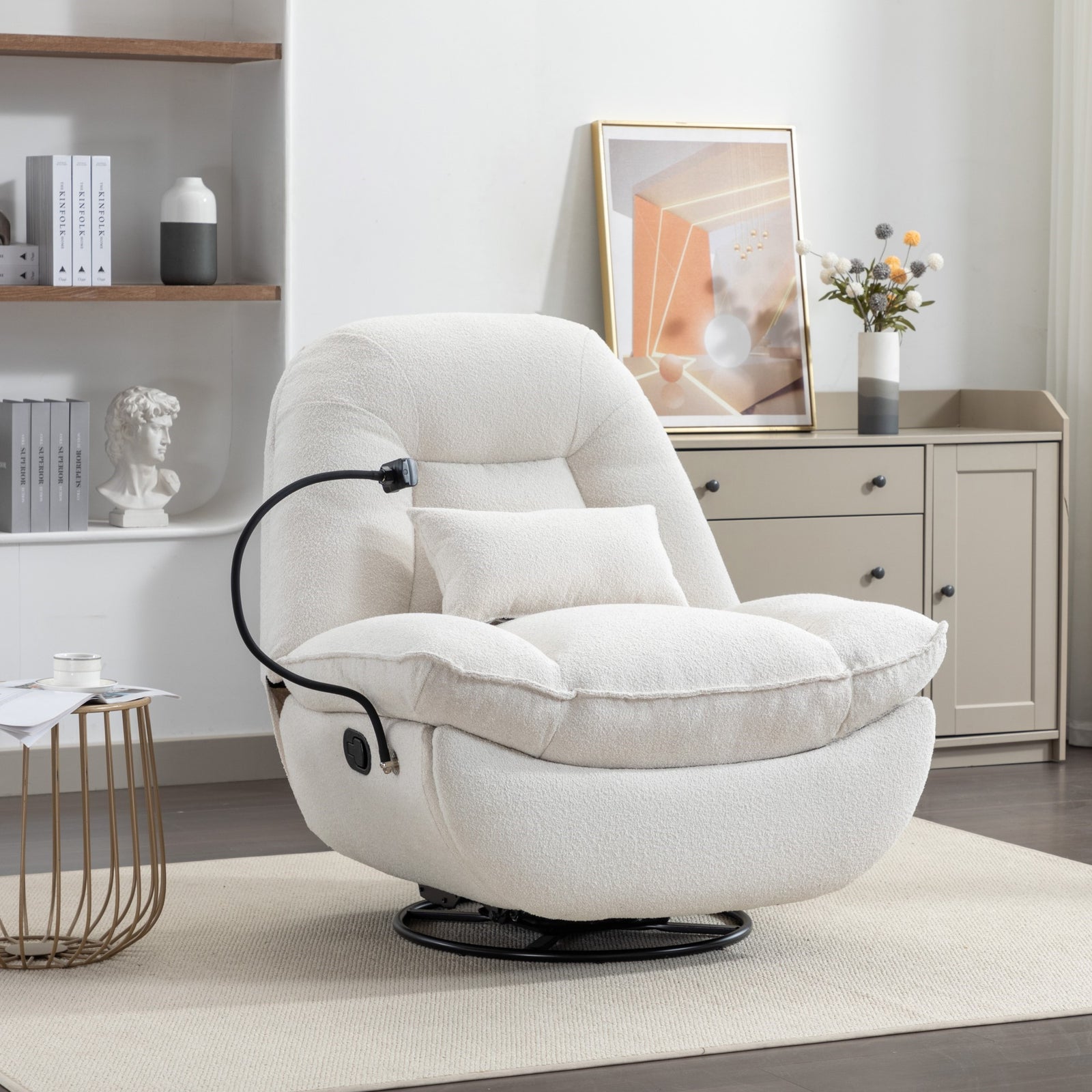 Fallon Boucle Fabric Swivel Based Recliner Chair Phone Holder | Cream