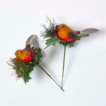 Set Of 2 Artificial Robin And Foliage Picks, 18 Cm