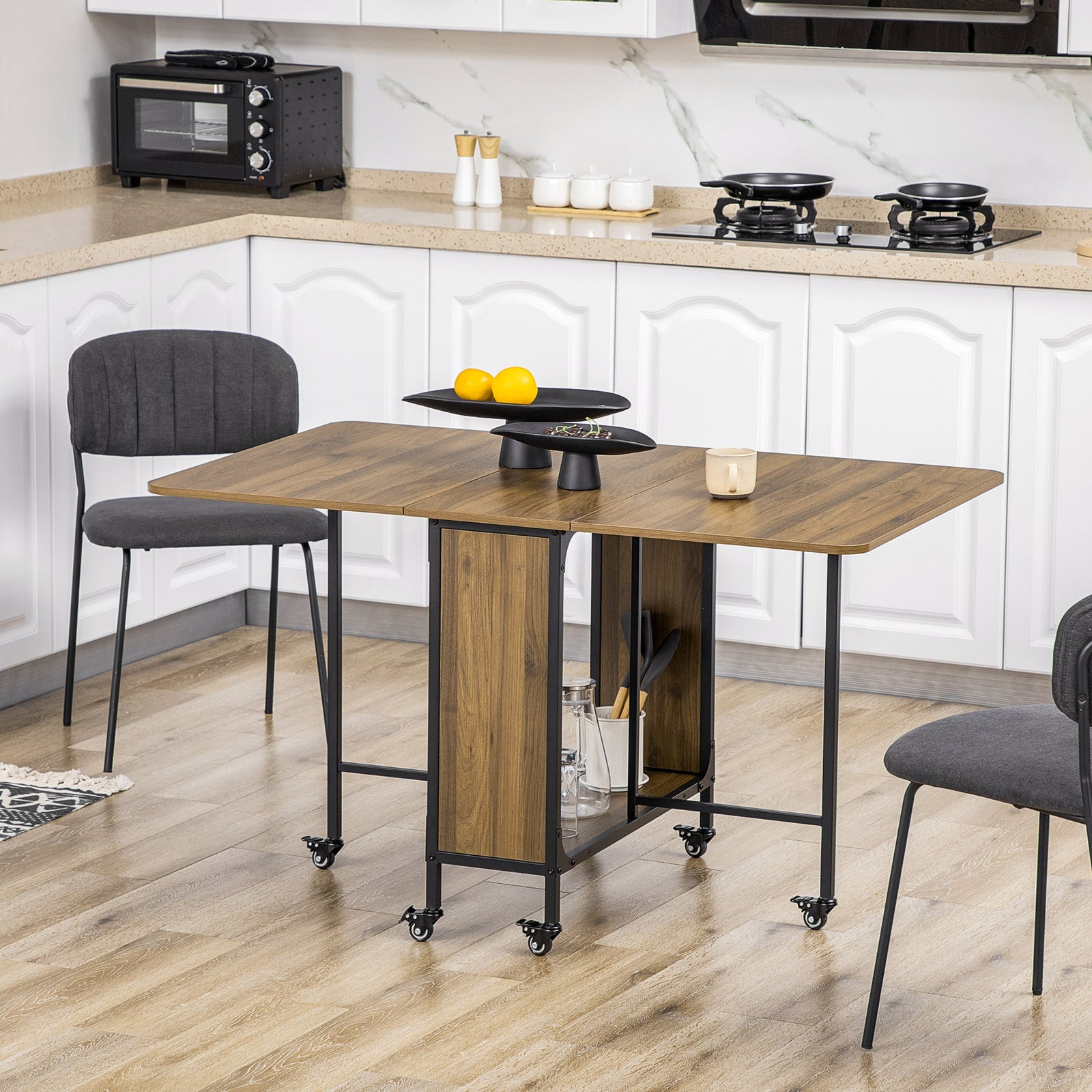 Mobile Drop Leaf Dining Table On Wheels With Storage Shelf | Brown