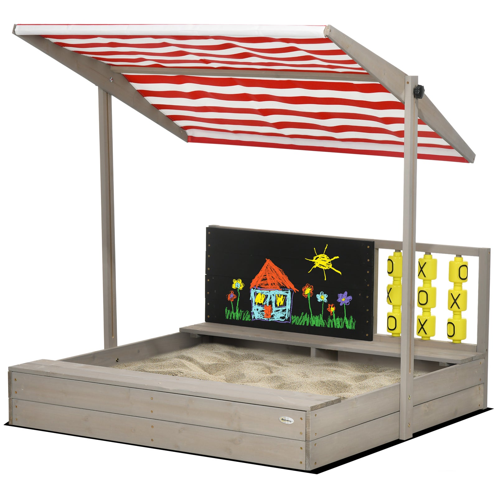 Kids Wooden Sandpit, Sandbox W/ Canopy, Seats, For Gardens - Grey