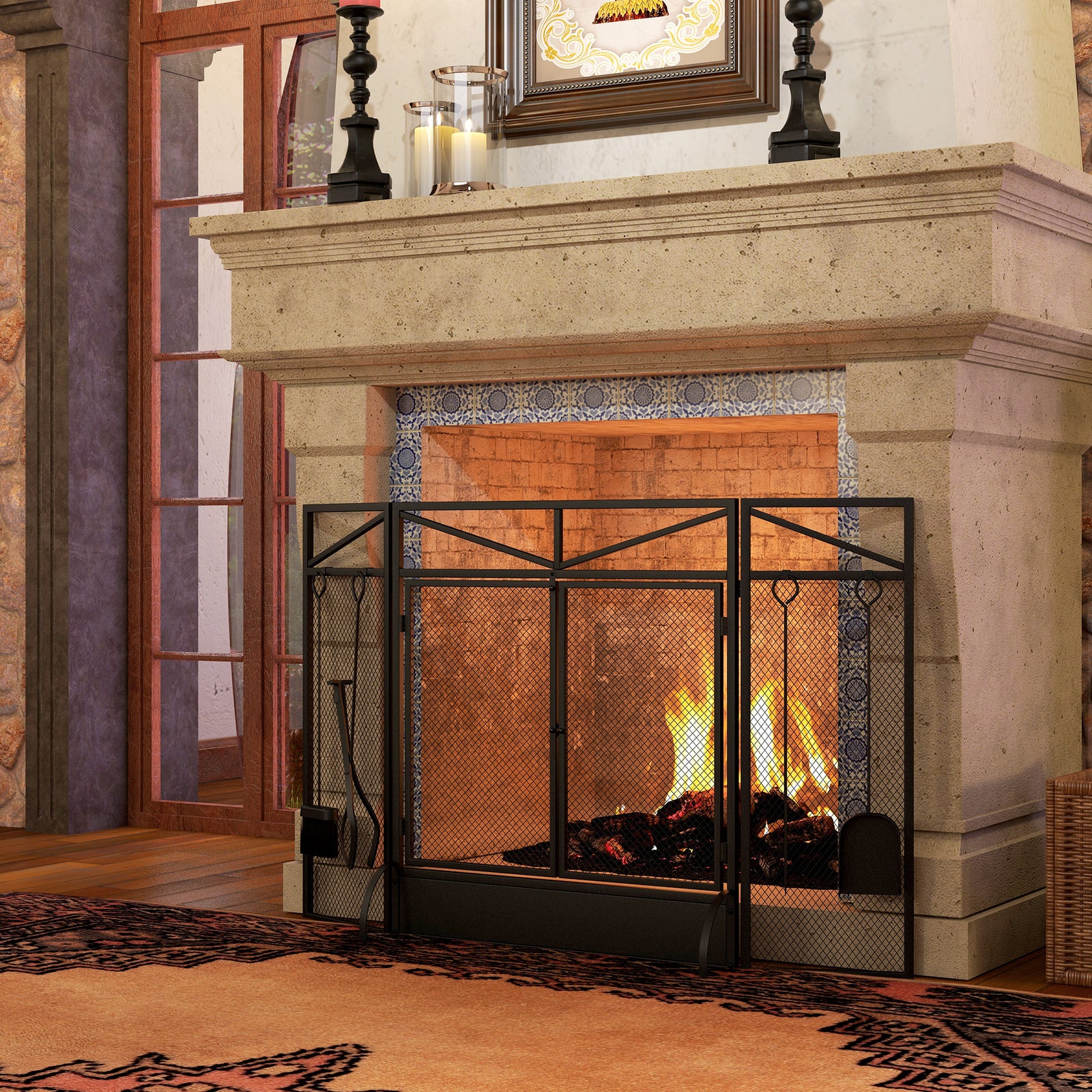 3 Panel Folding Fire Guard With Tool Doors Fire Screen