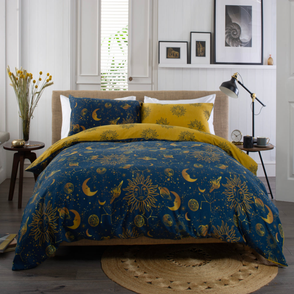Sun, Moon And Stars Cotton Rich 200 Thread Count Reversible Duvet Cover Set | Super King | Navy Blue