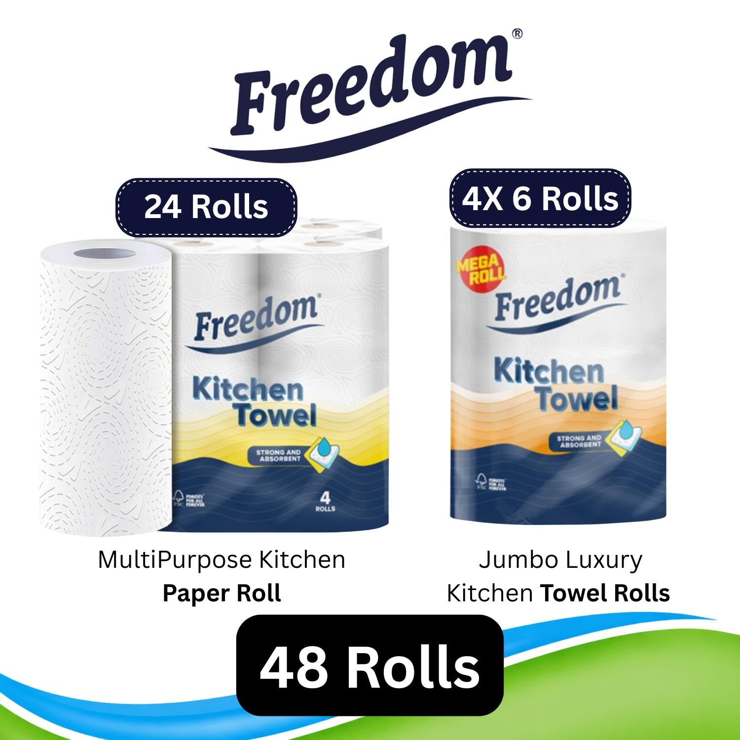 Freedom Soft White 3-ply 45 Rolls + Rhino Jumbo Kitchen Towels 24 Rolls