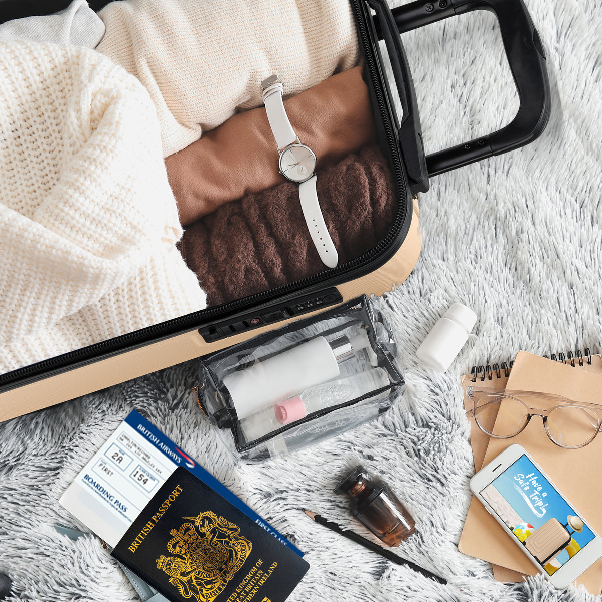 Set Of 3 Hard Shell Suitcases Overhead Carry On Cabin Bag & Check In 20kg+ Medium And Large Bag. | Set of 3 | Champagne