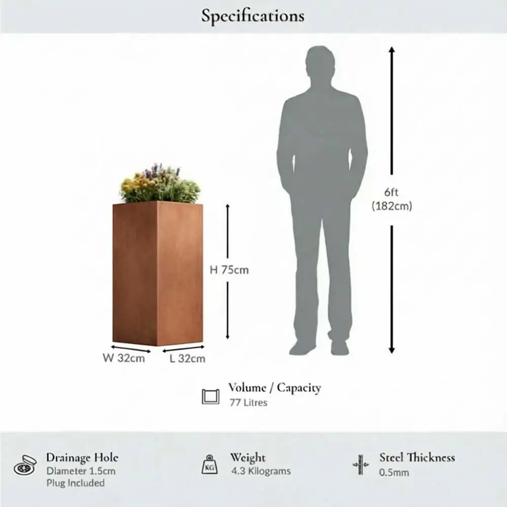 Zinc Galvanised Tall Square Planter | 32cm x 32cm x 75cm | Copper